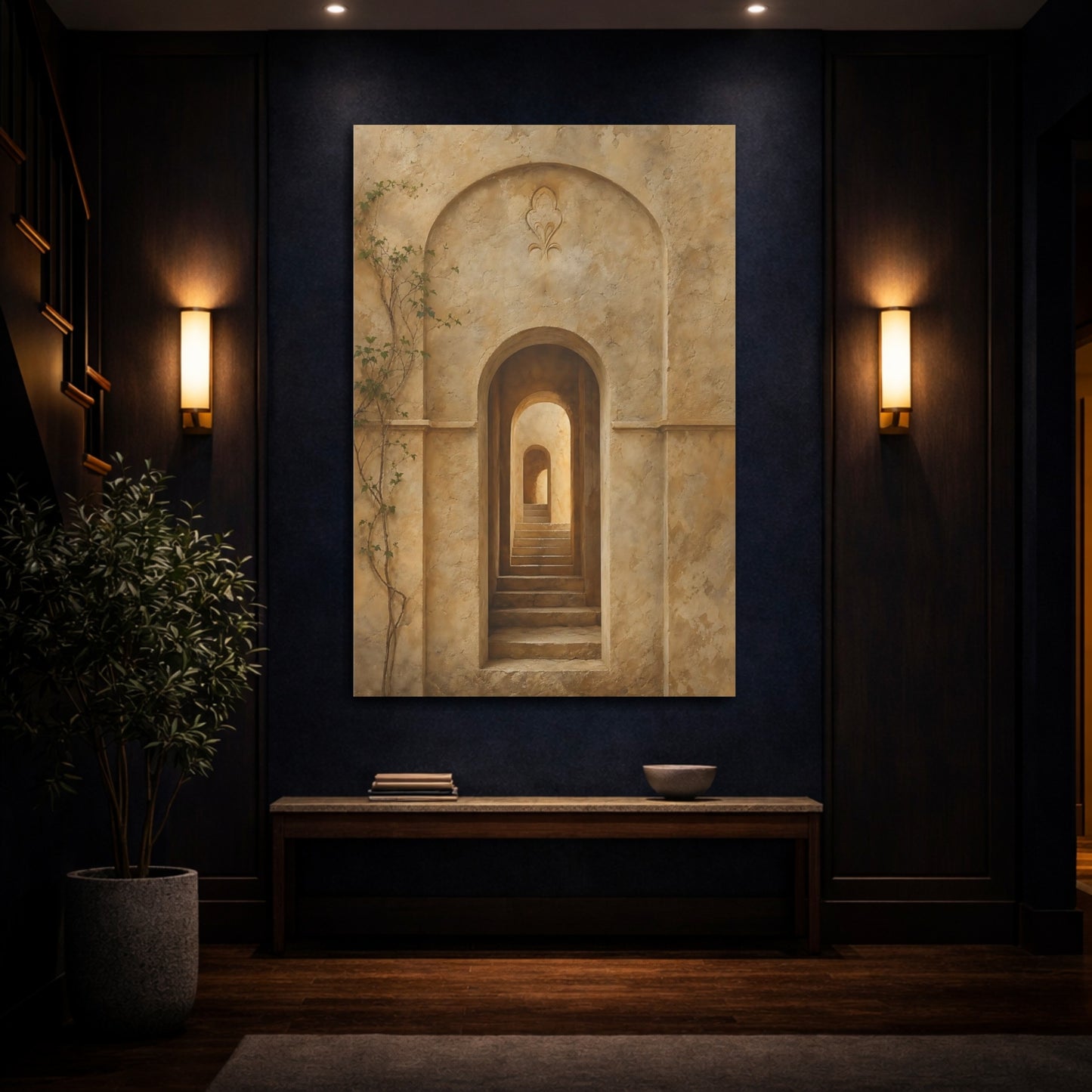 Mockup 4. Vintage Archway Stairs Beige Stone shown as stretched canvas wall art