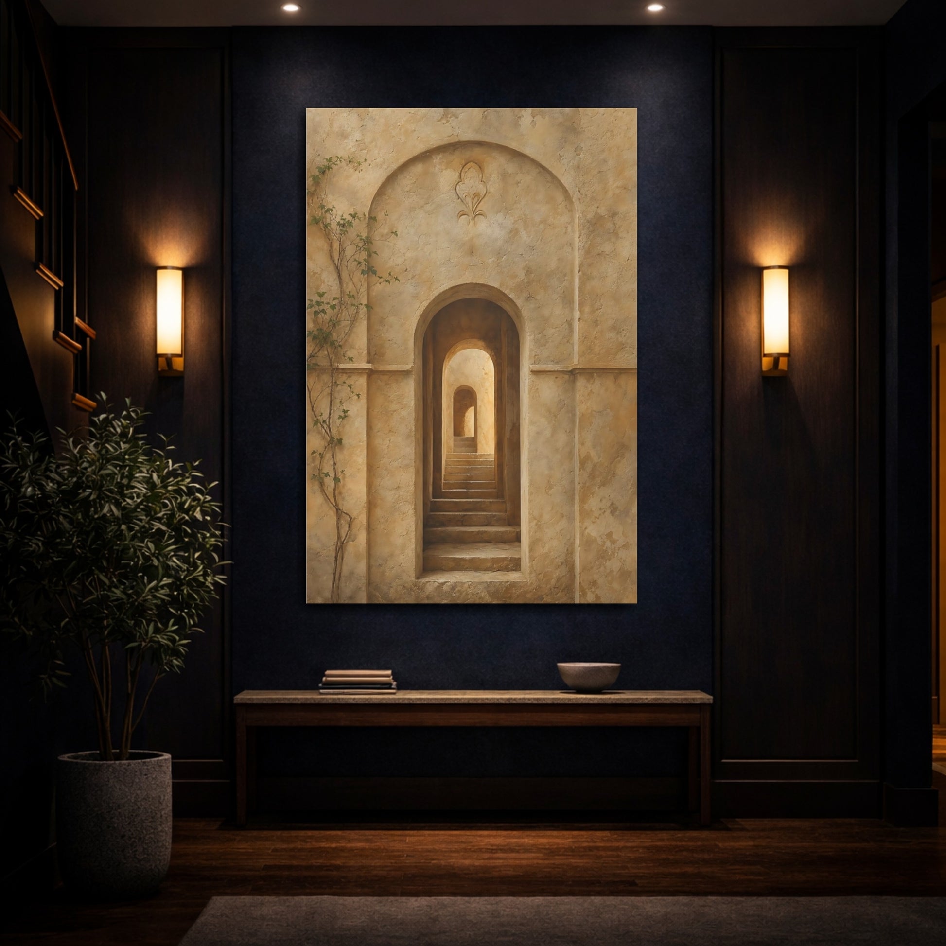 Mockup 4. Vintage Archway Stairs Beige Stone shown as stretched canvas wall art