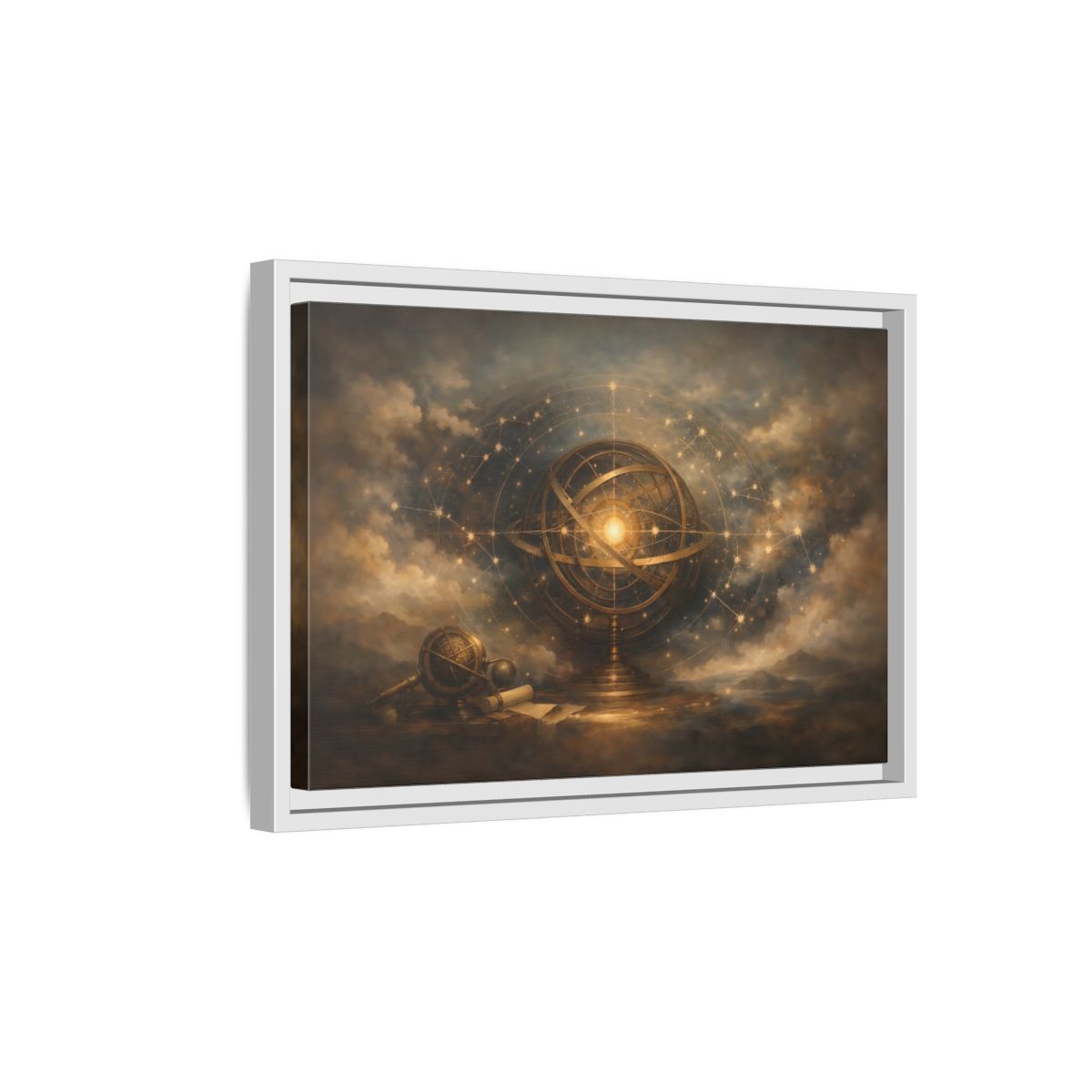 Side Mockup 4. Vintage Armillary Sphere Vintage Astronomy Gold shown as stretched canvas wall art