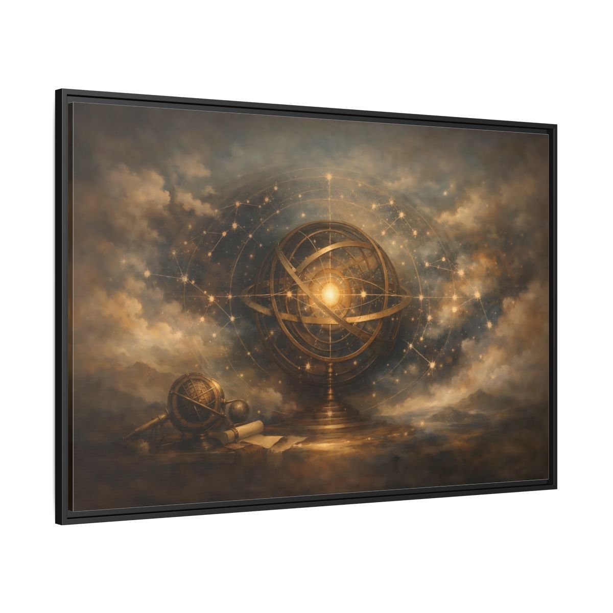 Side Mockup 12. Vintage Armillary Sphere Vintage Astronomy Gold shown as stretched canvas wall art
