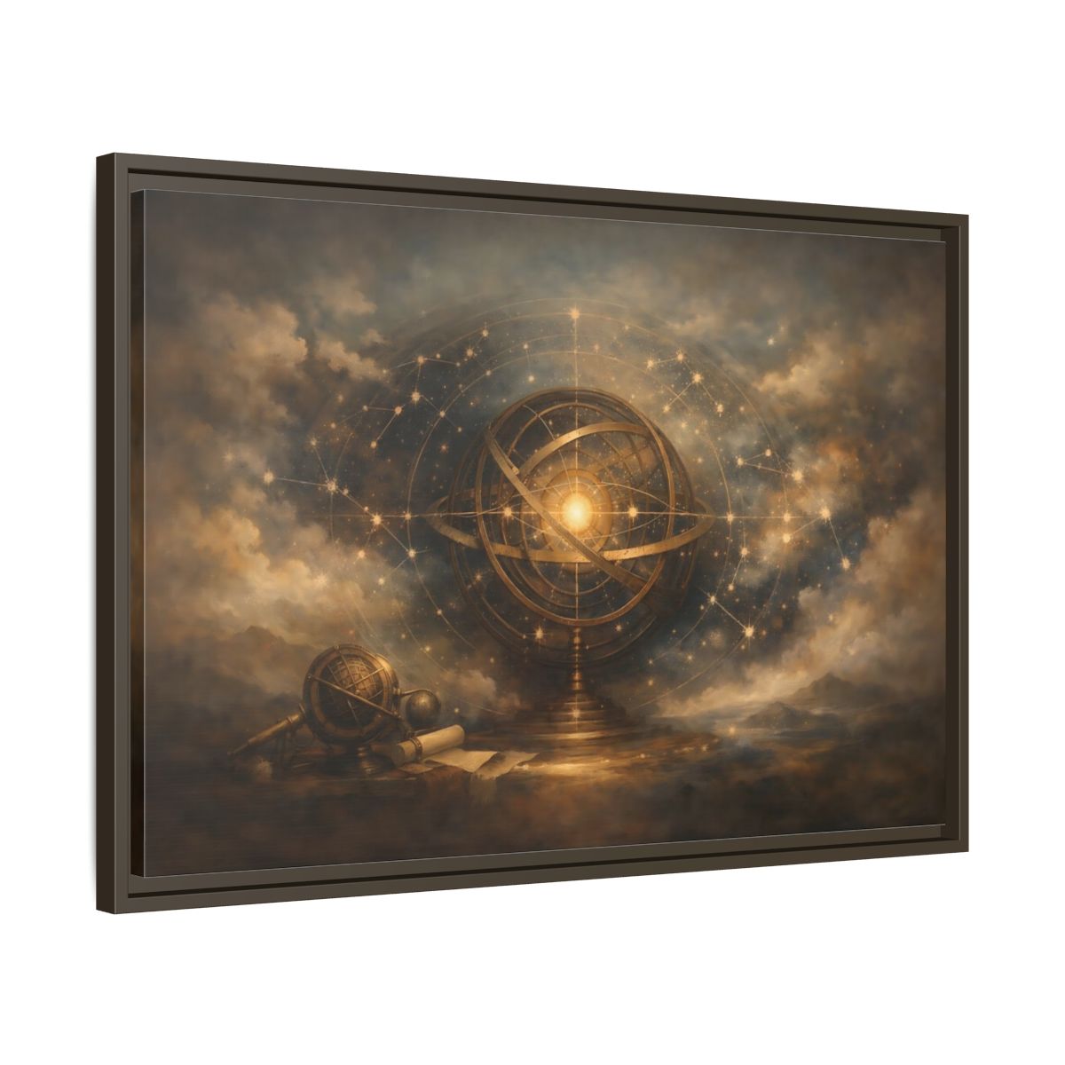 Side Mockup 11. Vintage Armillary Sphere Vintage Astronomy Gold shown as stretched canvas wall art
