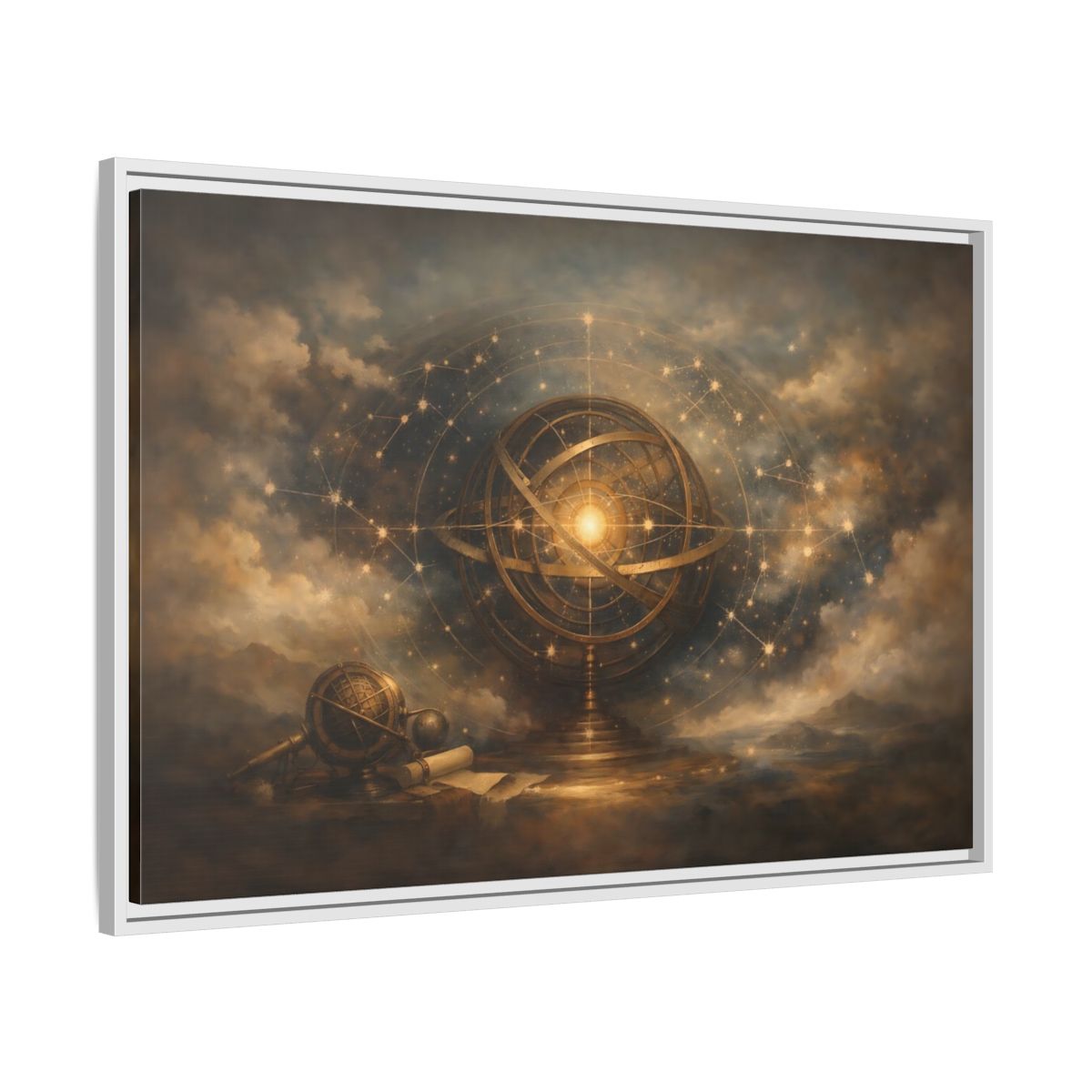 Side Mockup 8. Vintage Armillary Sphere Vintage Astronomy Gold shown as stretched canvas wall art