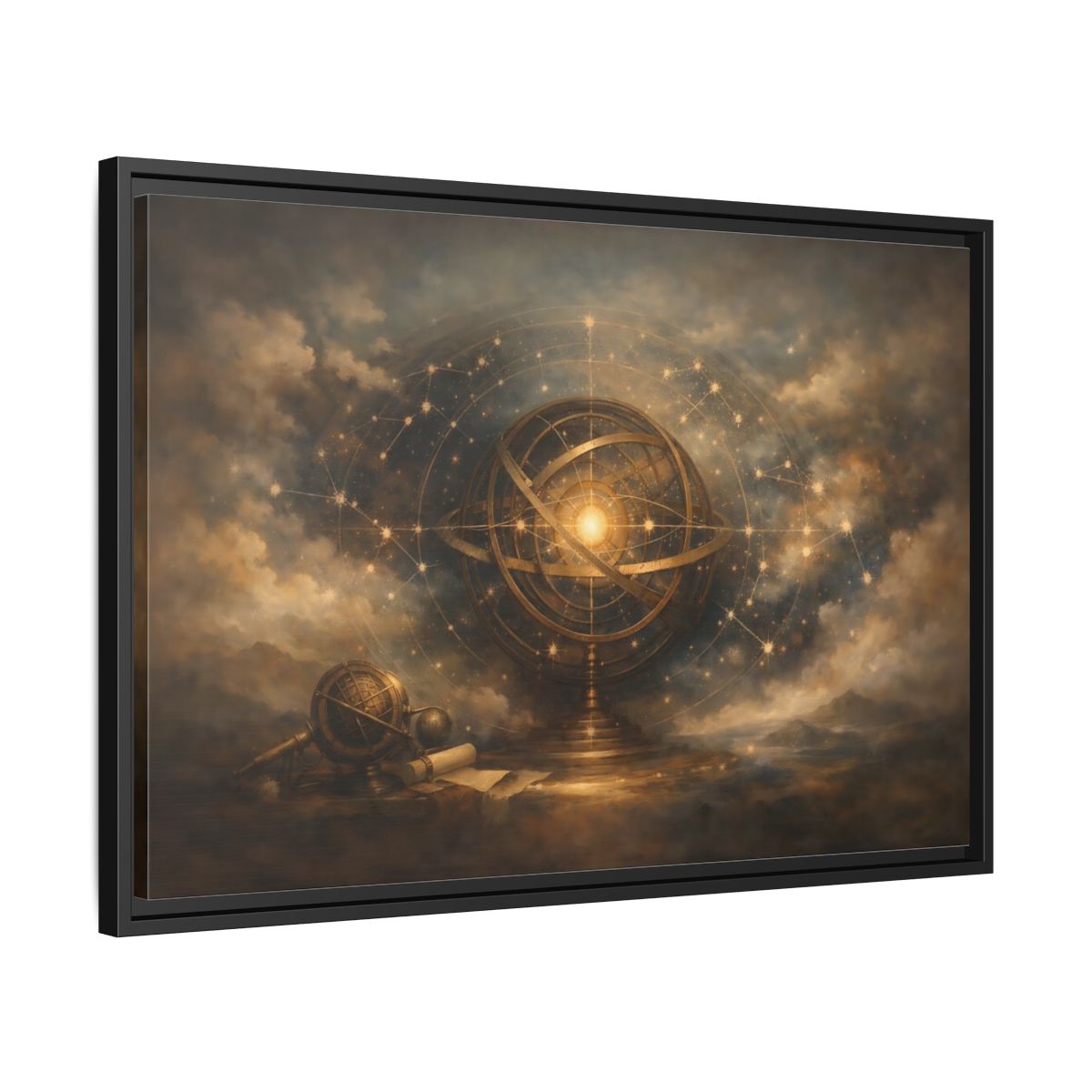 Side Mockup 14. Vintage Armillary Sphere Vintage Astronomy Gold shown as stretched canvas wall art