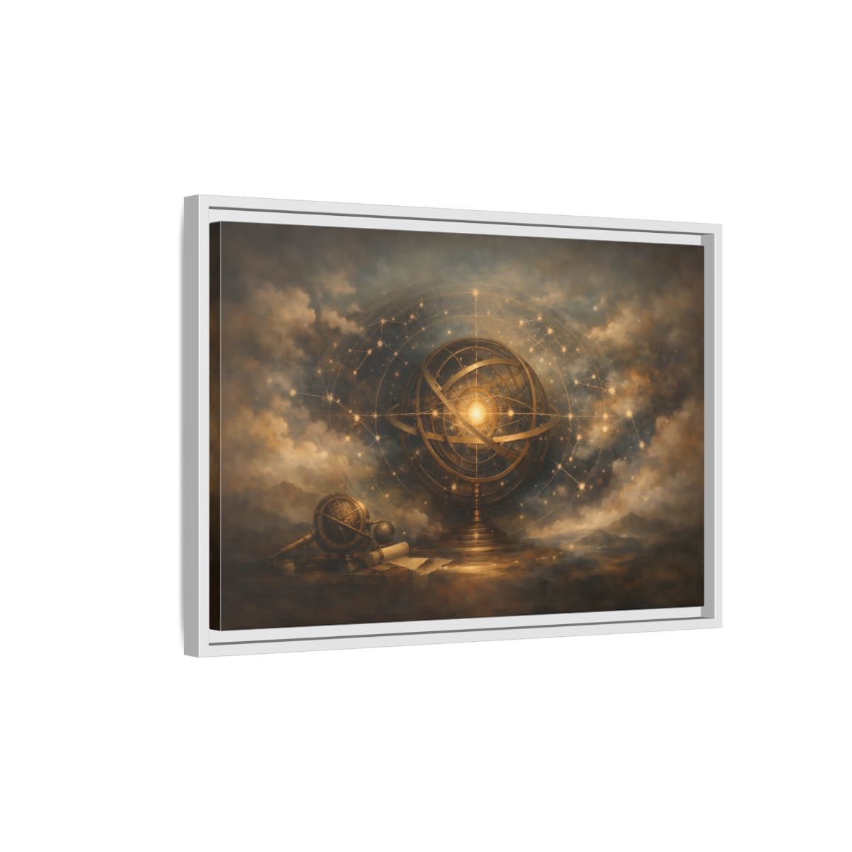 Side Mockup 1. Vintage Armillary Sphere Vintage Astronomy Gold shown as stretched canvas wall art