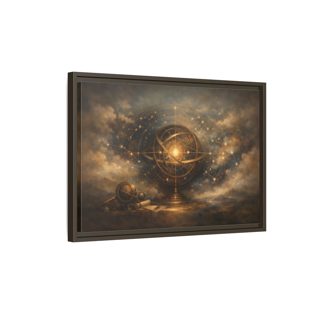 Side Mockup 2. Vintage Armillary Sphere Vintage Astronomy Gold shown as stretched canvas wall art