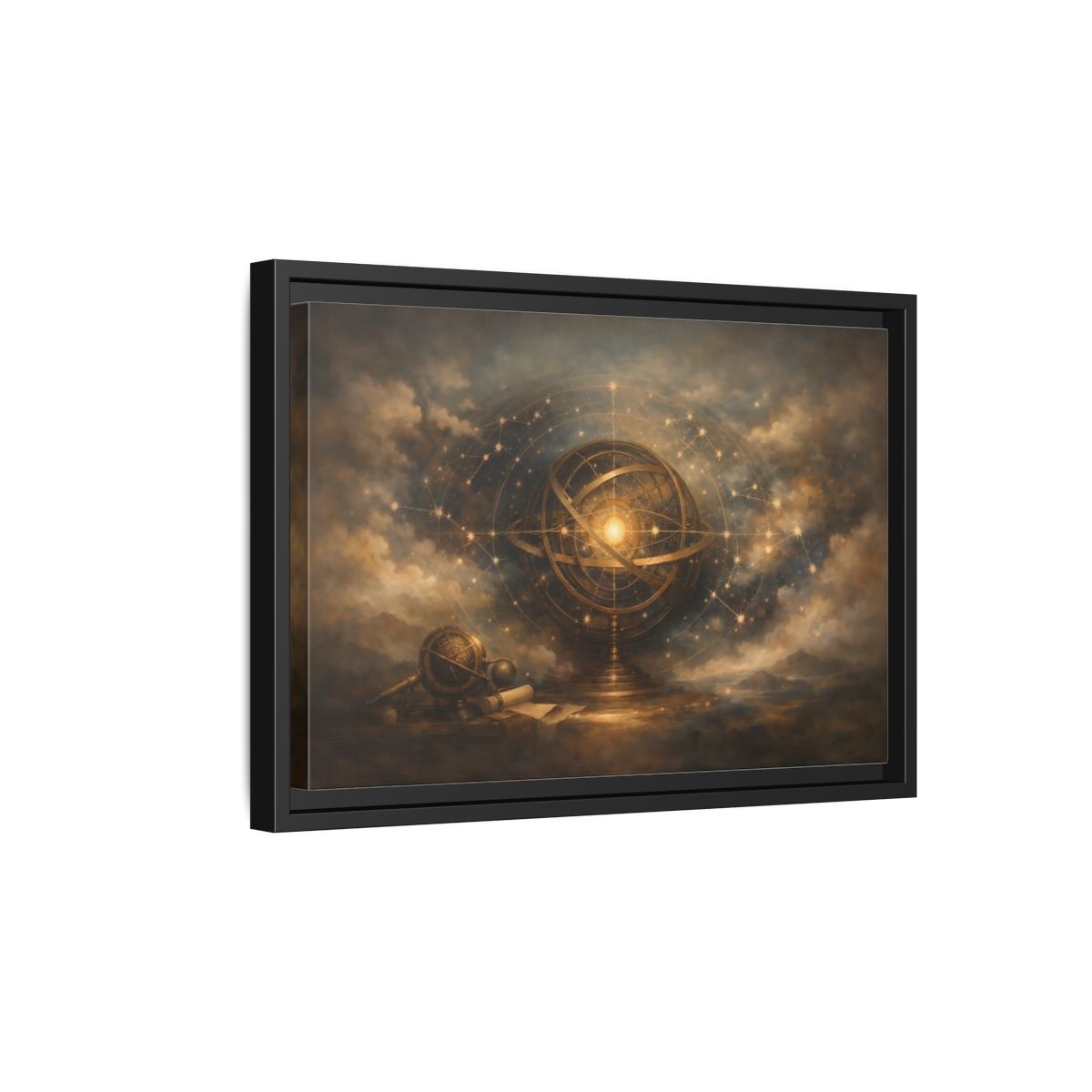 Side Mockup 6. Vintage Armillary Sphere Vintage Astronomy Gold shown as stretched canvas wall art