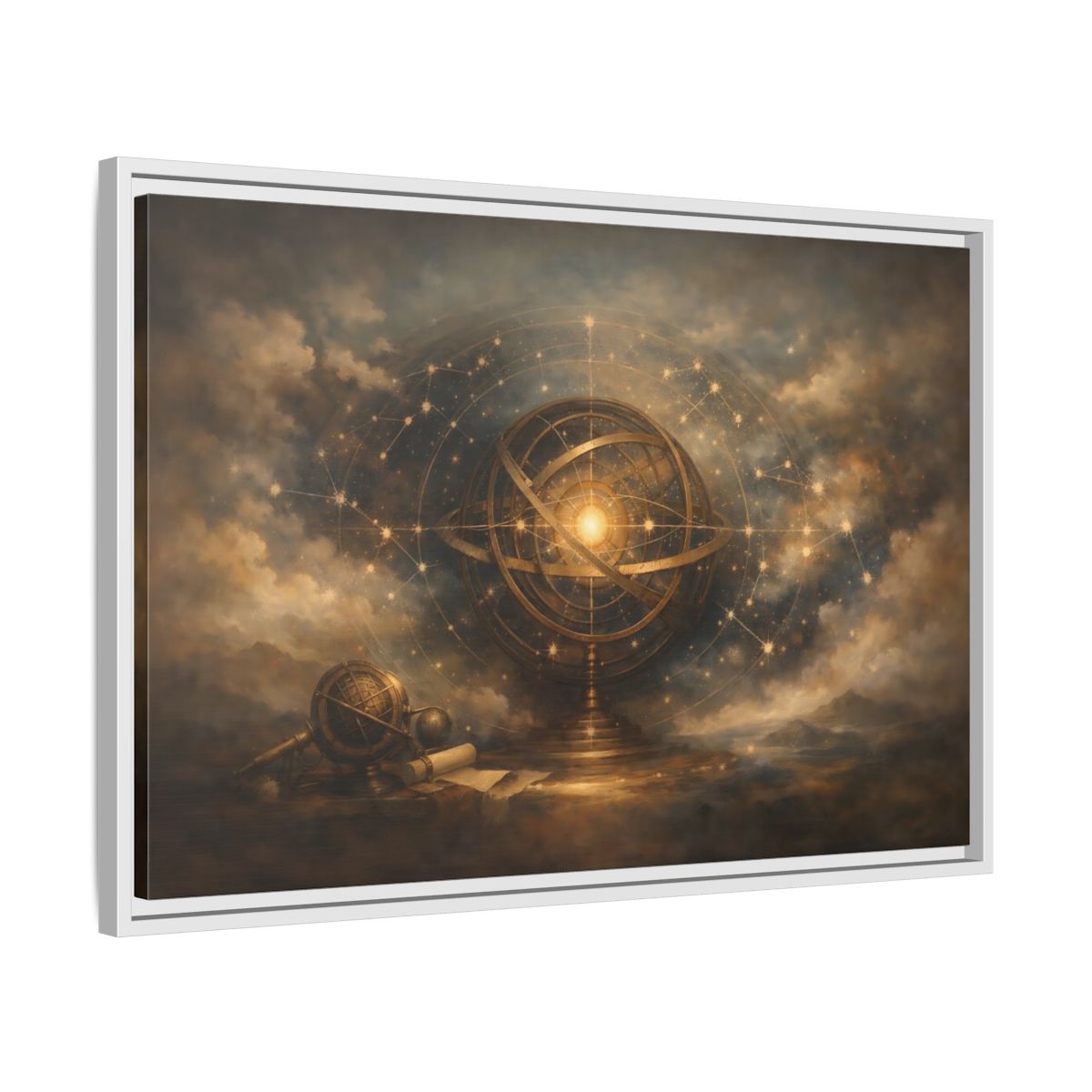 Side Mockup 10. Vintage Armillary Sphere Vintage Astronomy Gold shown as stretched canvas wall art