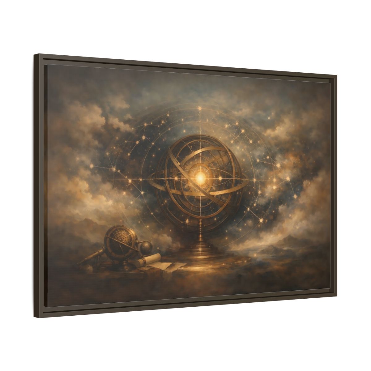 Side Mockup 9. Vintage Armillary Sphere Vintage Astronomy Gold shown as stretched canvas wall art