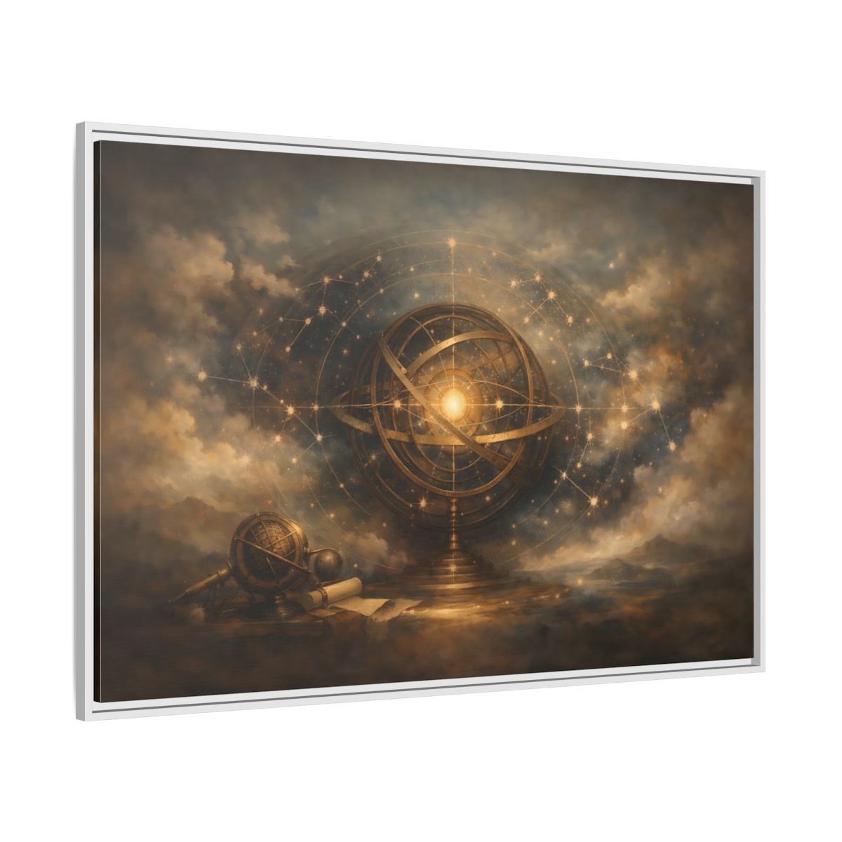 Side Mockup 7. Vintage Armillary Sphere Vintage Astronomy Gold shown as stretched canvas wall art