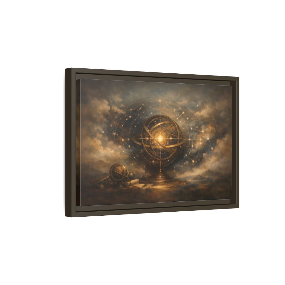 Side Mockup 5. Vintage Armillary Sphere Vintage Astronomy Gold shown as stretched canvas wall art