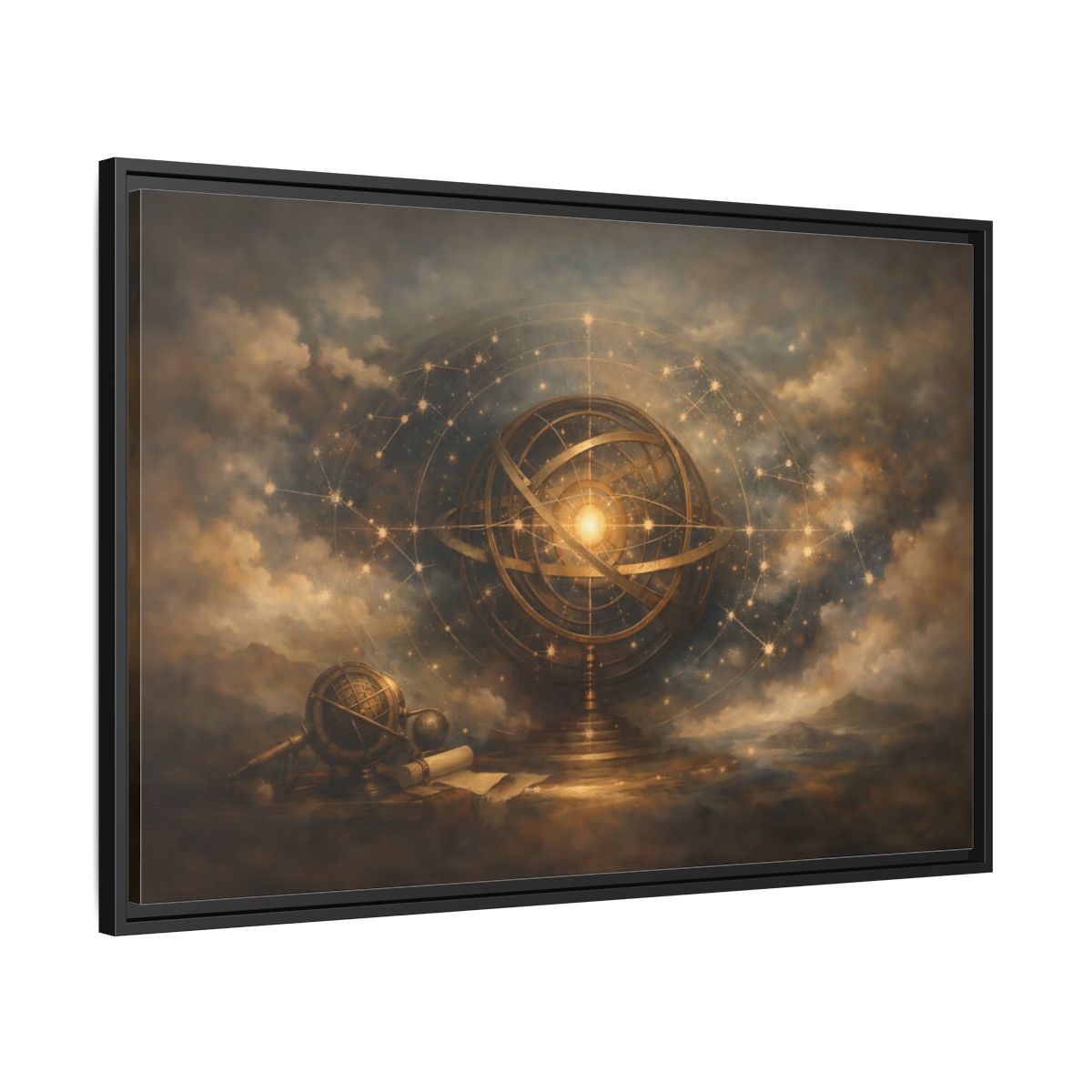 Side Mockup 13. Vintage Armillary Sphere Vintage Astronomy Gold shown as stretched canvas wall art