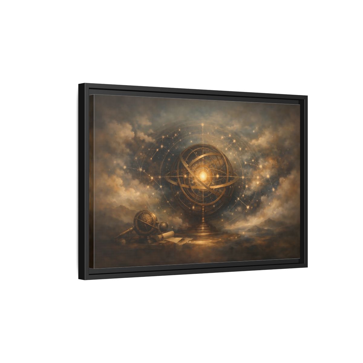 Side Mockup 3. Vintage Armillary Sphere Vintage Astronomy Gold shown as stretched canvas wall art