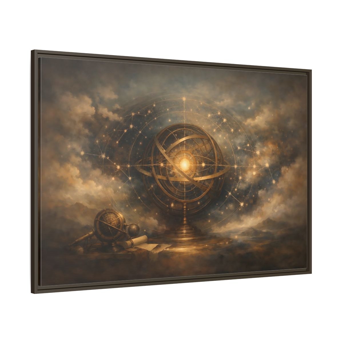 Main Mockup. Vintage Armillary Sphere Vintage Astronomy Gold shown as stretched canvas wall art