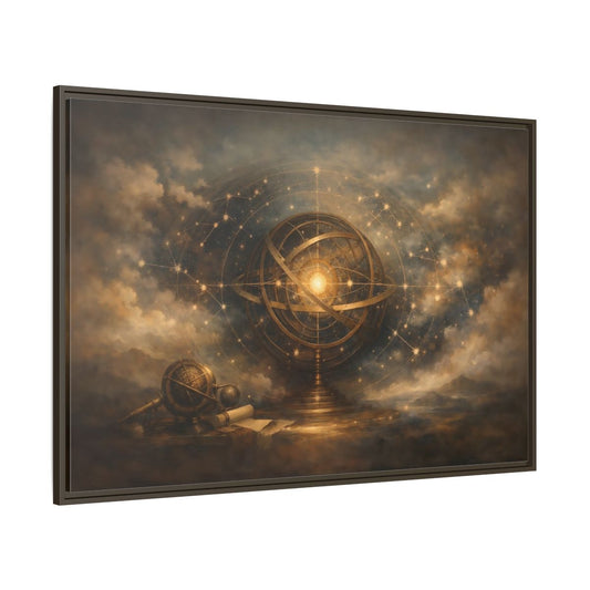 Main Mockup. Vintage Armillary Sphere Vintage Astronomy Gold shown as stretched canvas wall art