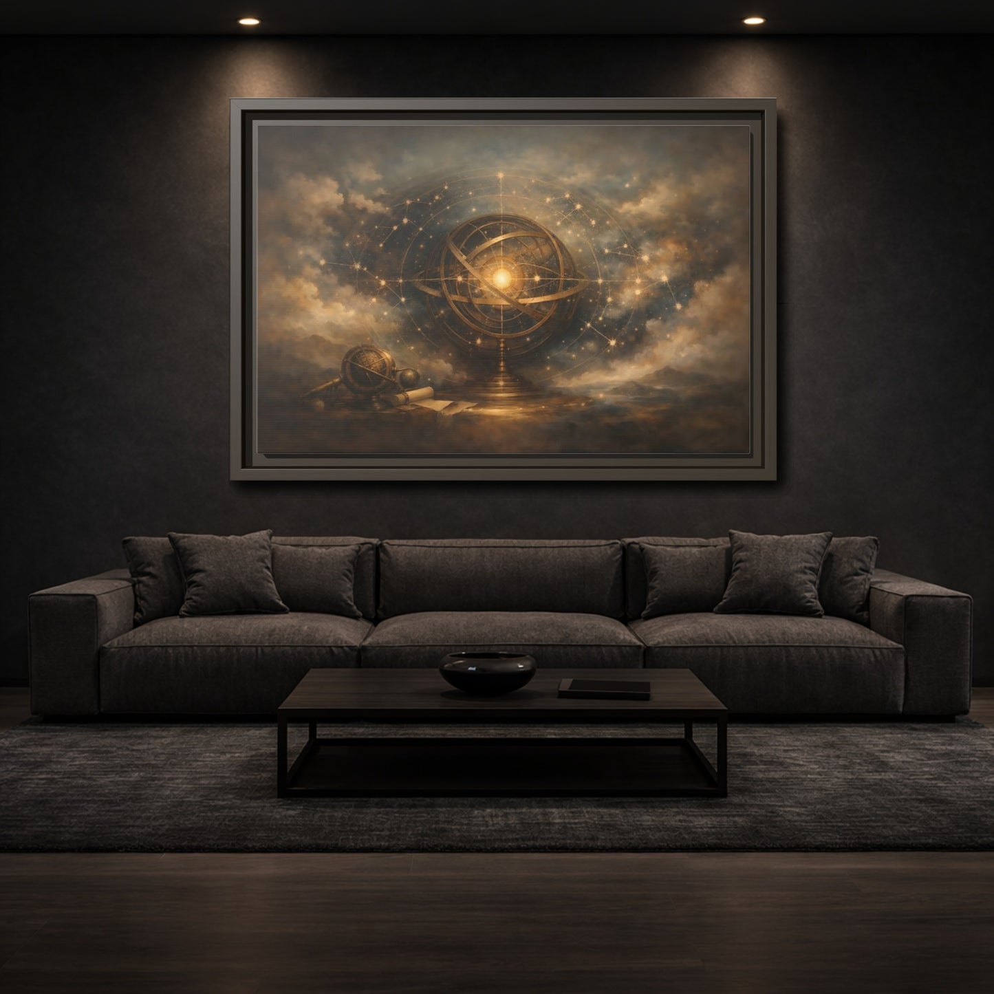 Mockup 2. Vintage Armillary Sphere Vintage Astronomy Gold shown as stretched canvas wall art