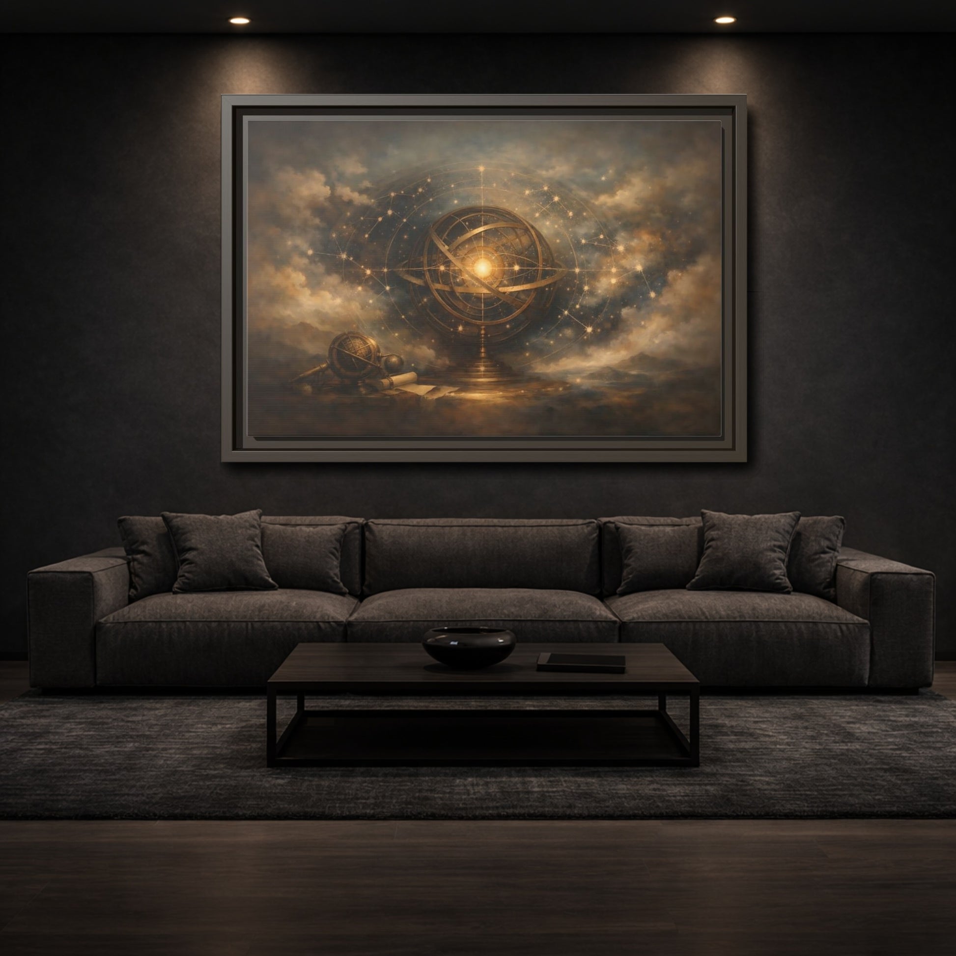 Mockup 2. Vintage Armillary Sphere Vintage Astronomy Gold shown as stretched canvas wall art
