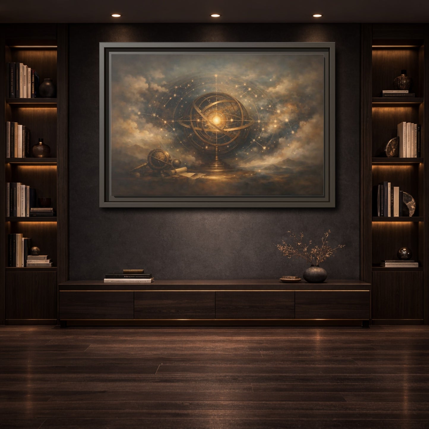 Mockup 3. Vintage Armillary Sphere Vintage Astronomy Gold shown as stretched canvas wall art