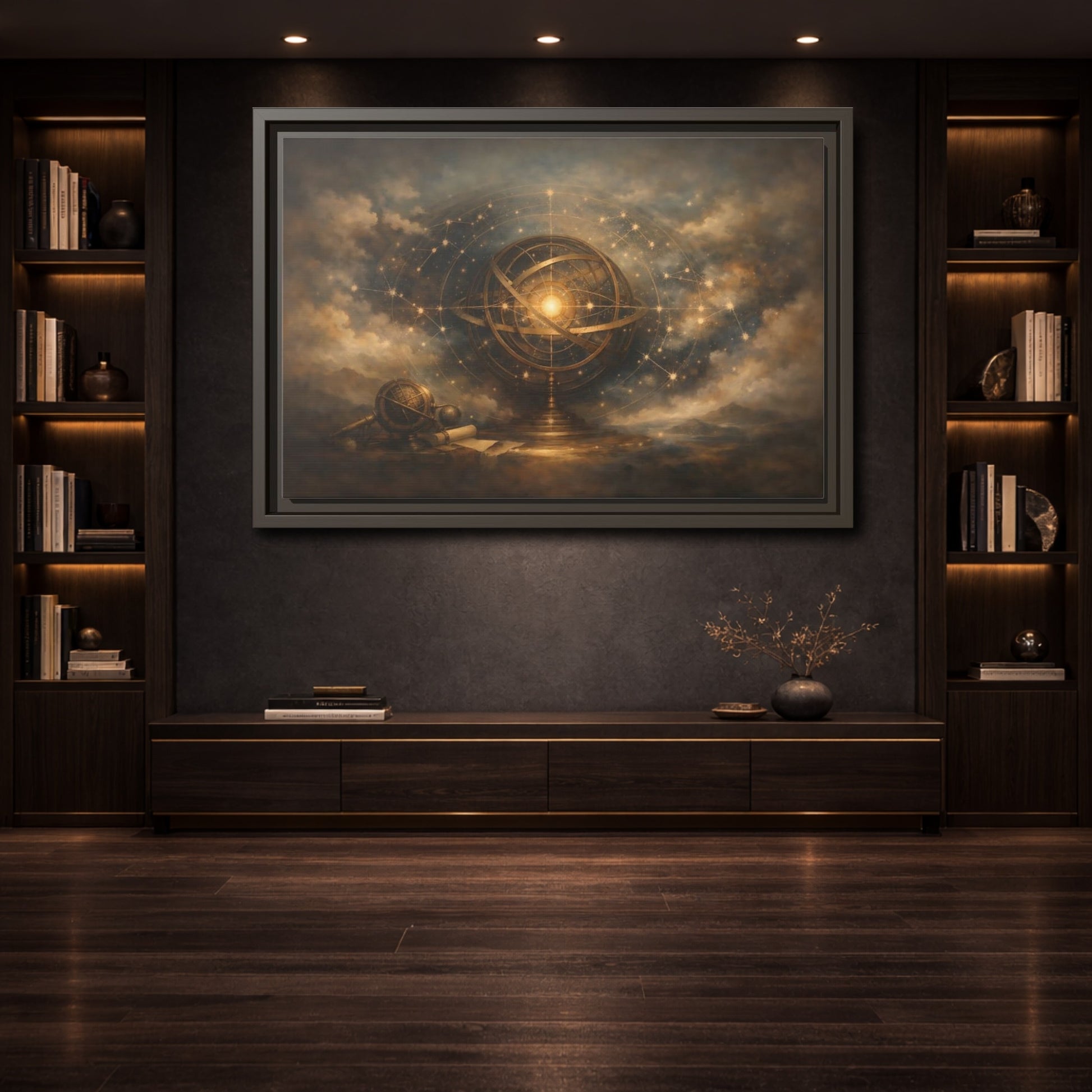 Mockup 3. Vintage Armillary Sphere Vintage Astronomy Gold shown as stretched canvas wall art