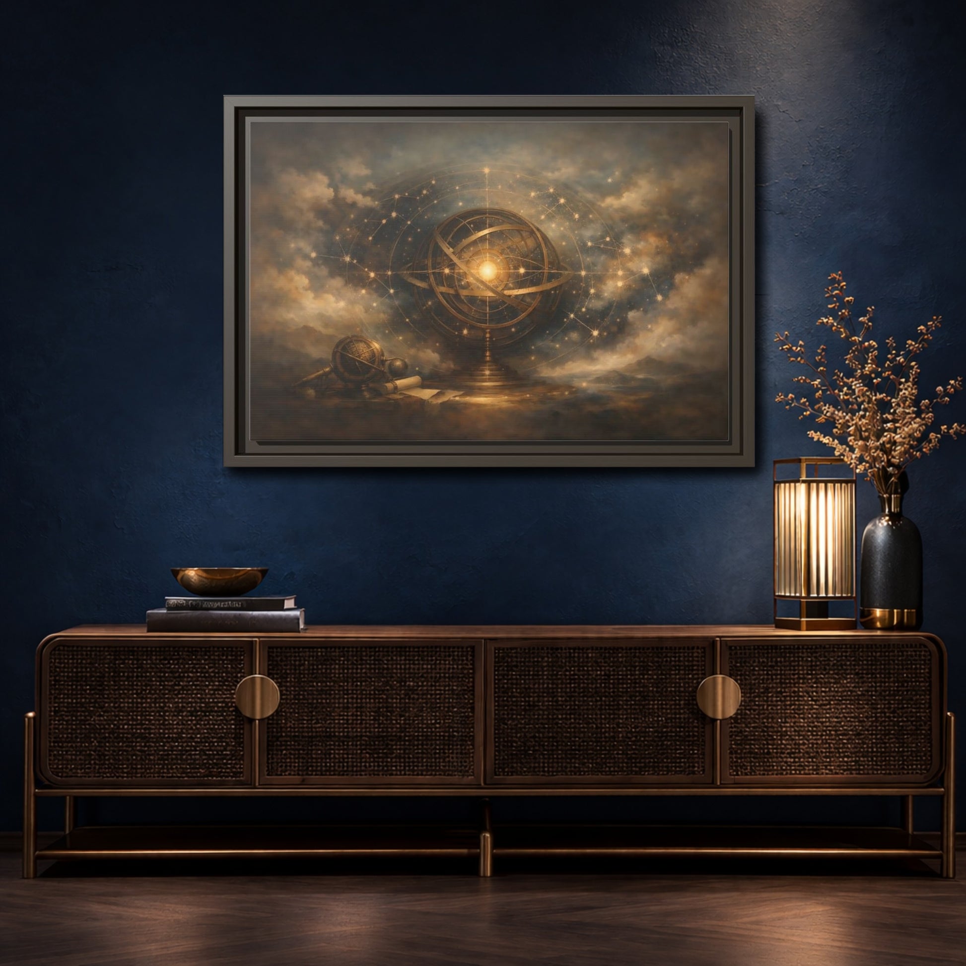 Mockup 4. Vintage Armillary Sphere Vintage Astronomy Gold shown as stretched canvas wall art