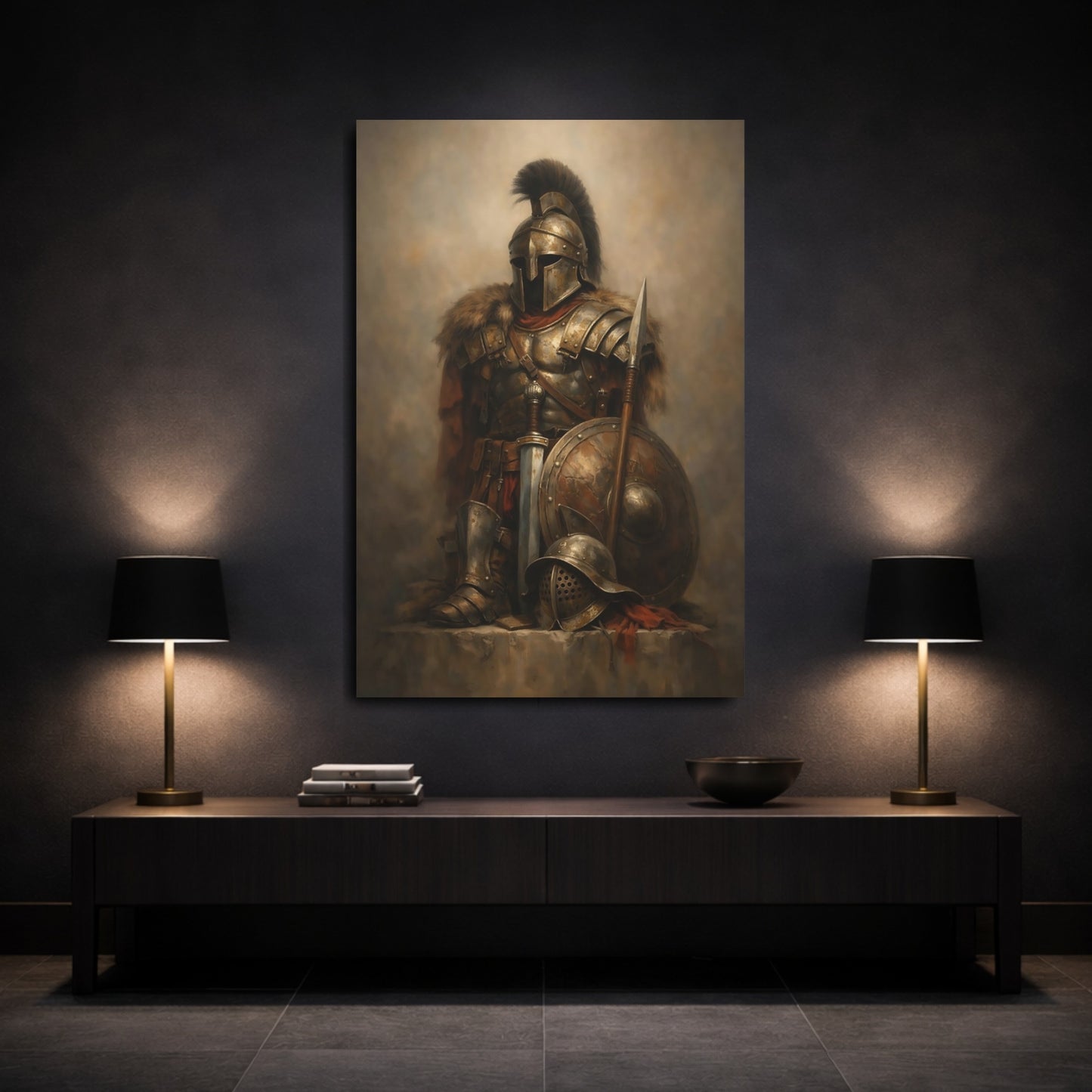 Mockup 2. Vintage Armored Warrior Bronze Warrior shown as stretched canvas wall art