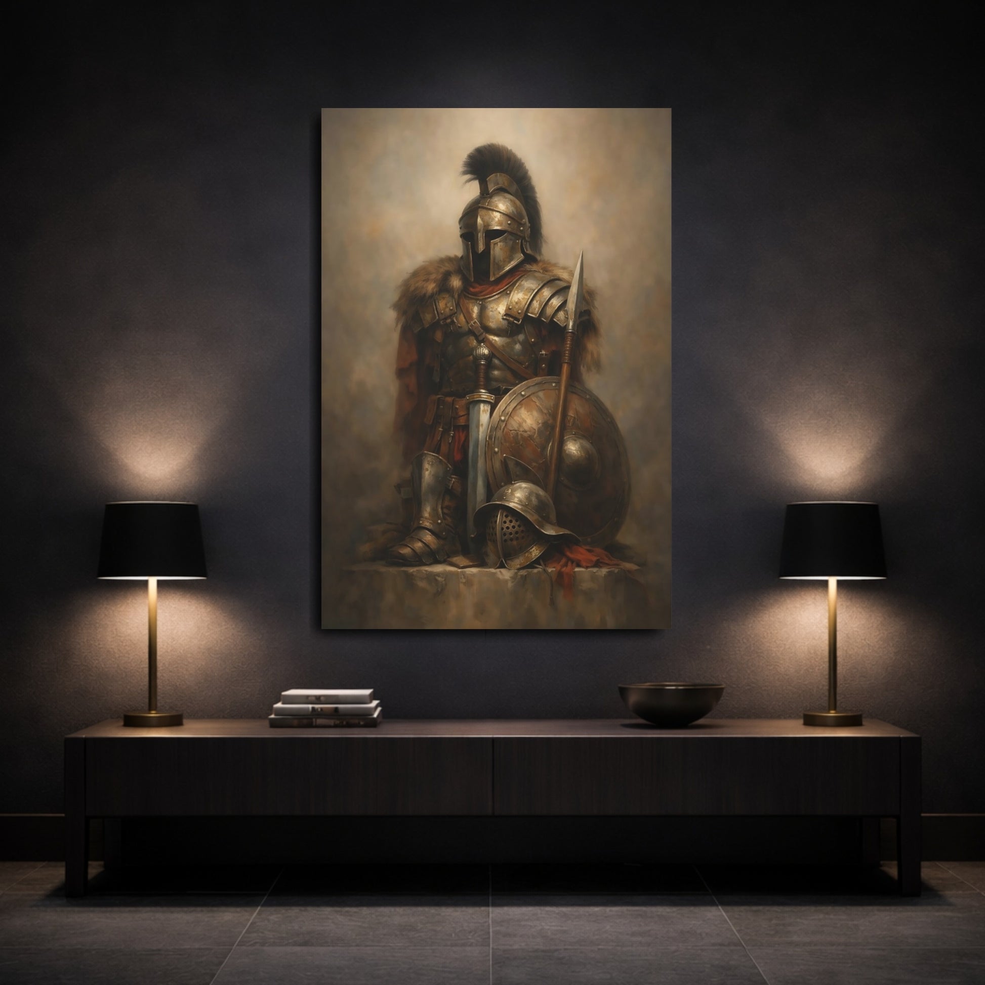 Mockup 2. Vintage Armored Warrior Bronze Warrior shown as stretched canvas wall art