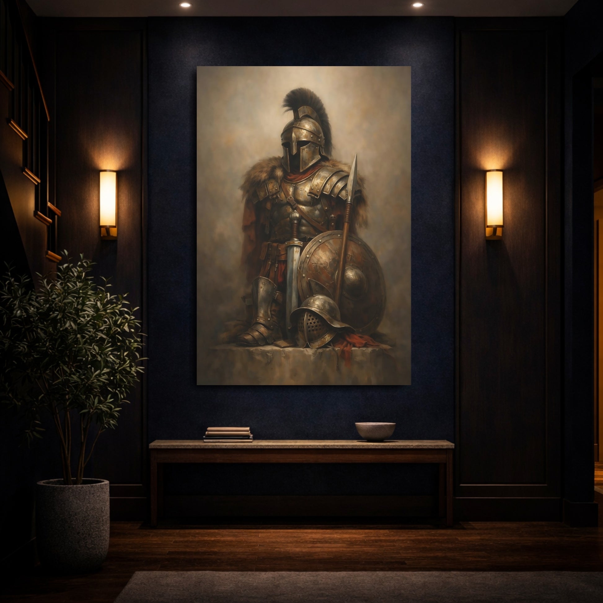 Mockup 3. Vintage Armored Warrior Bronze Warrior shown as stretched canvas wall art