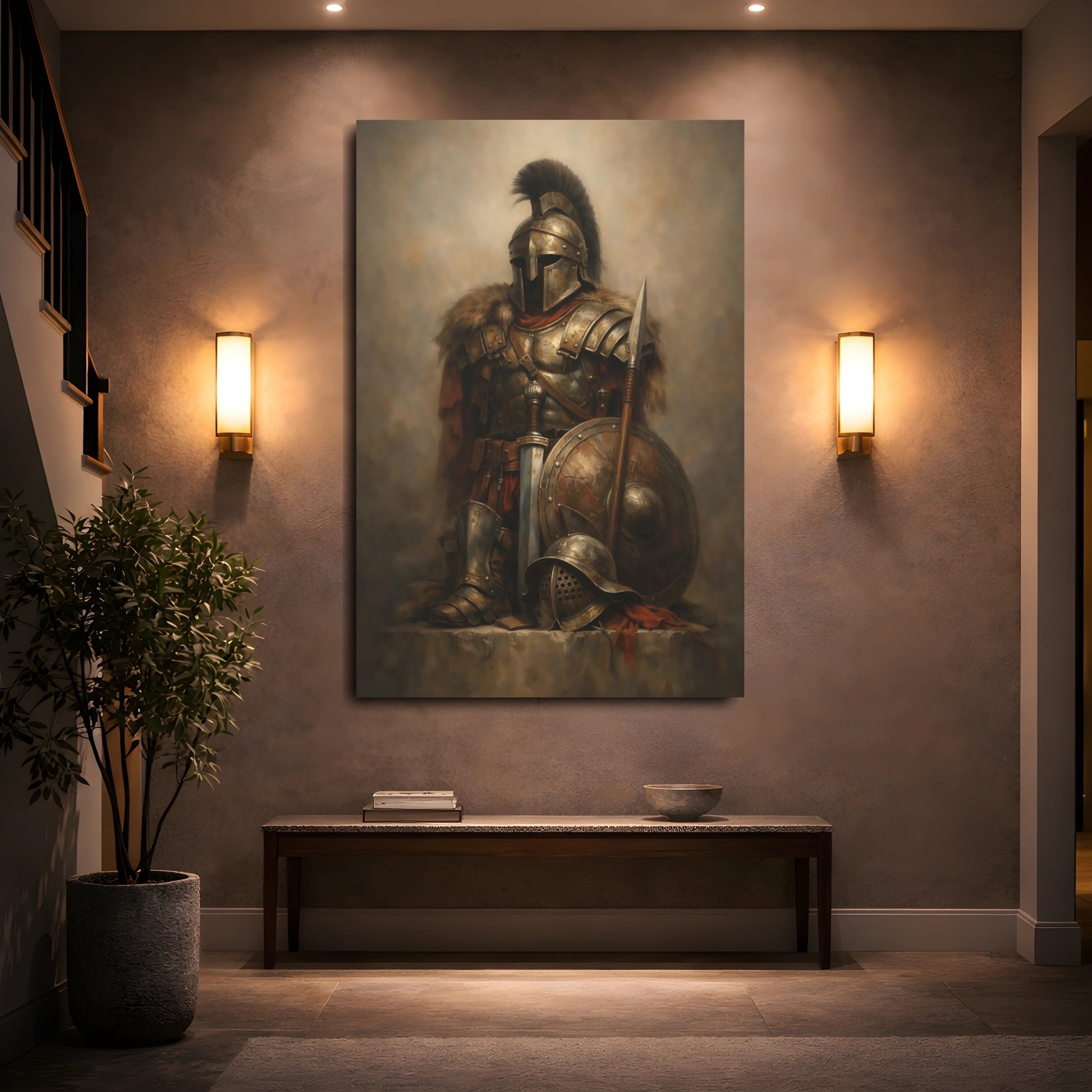 Mockup 4. Vintage Armored Warrior Bronze Warrior shown as stretched canvas wall art