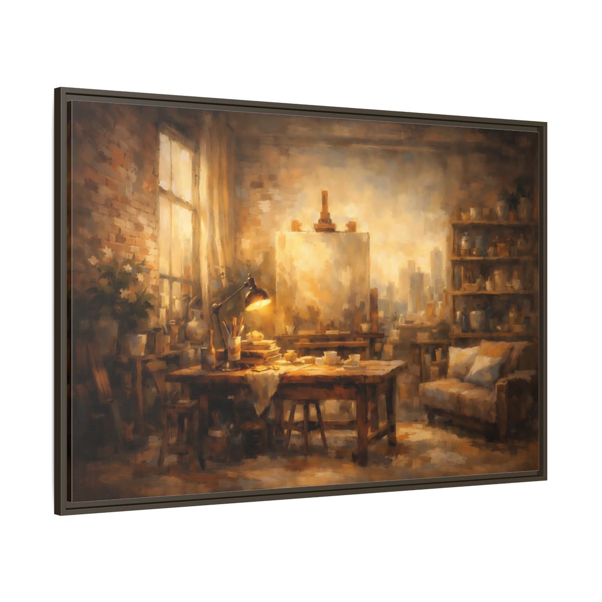 Main Mockup. Vintage Artist Studio Brown And Gold shown as stretched canvas wall art