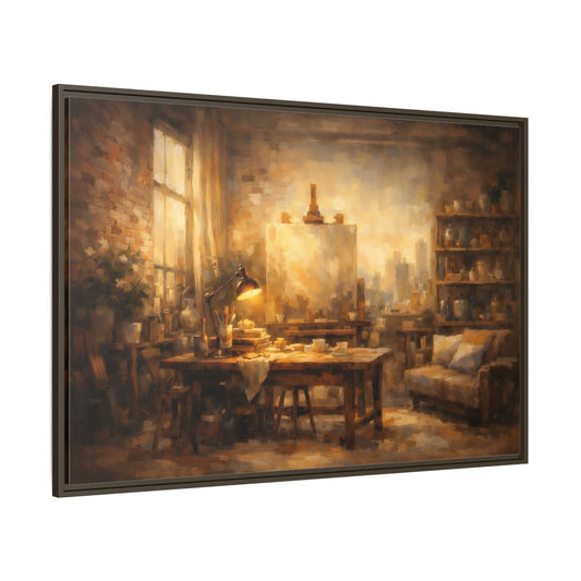 Main Mockup. Vintage Artist Studio Brown And Gold shown as stretched canvas wall art