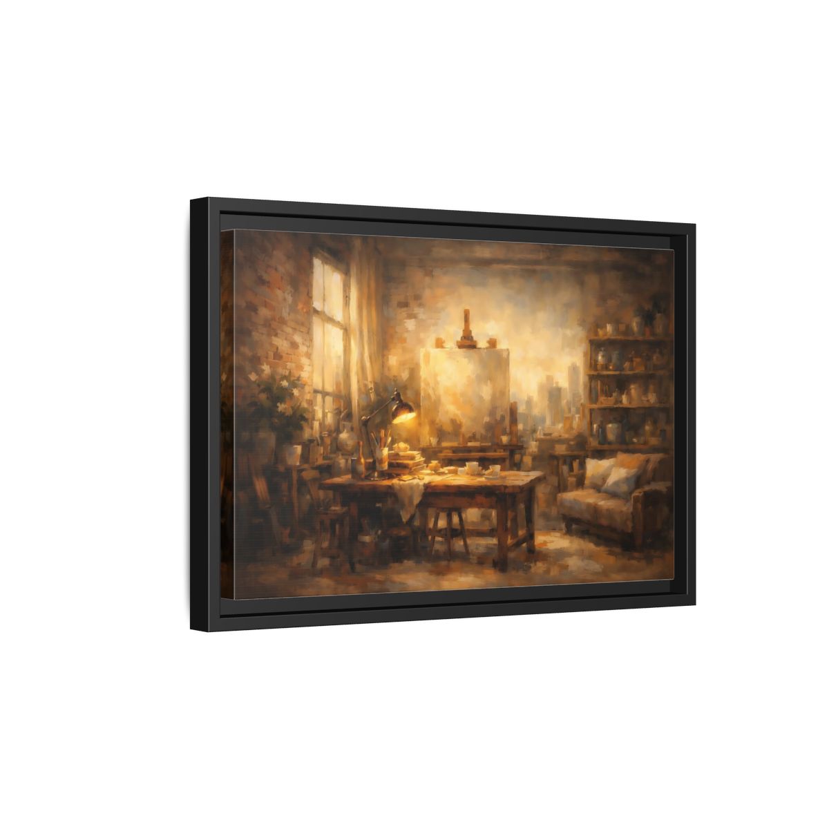 Side Mockup 6. Vintage Artist Studio Brown And Gold shown as stretched canvas wall art