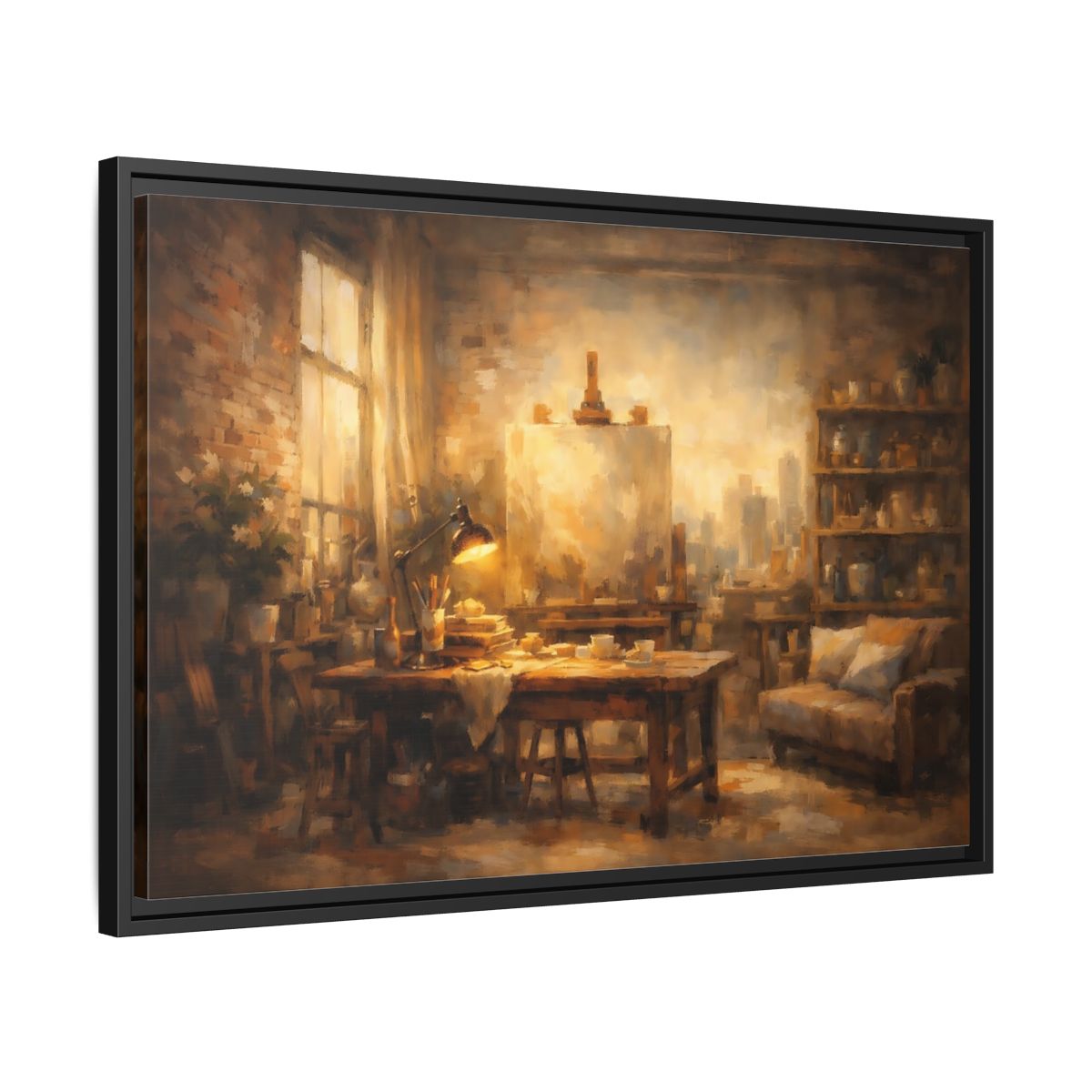Side Mockup 14. Vintage Artist Studio Brown And Gold shown as stretched canvas wall art