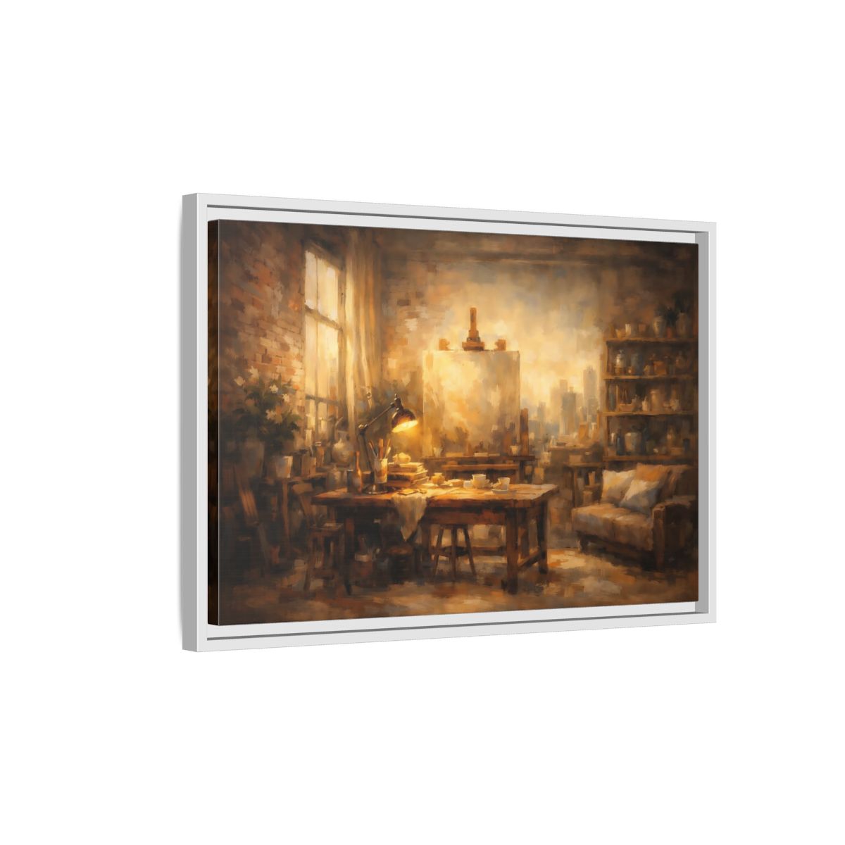 Side Mockup 1. Vintage Artist Studio Brown And Gold shown as stretched canvas wall art
