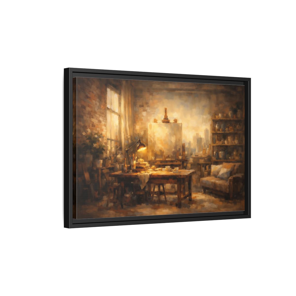 Side Mockup 3. Vintage Artist Studio Brown And Gold shown as stretched canvas wall art