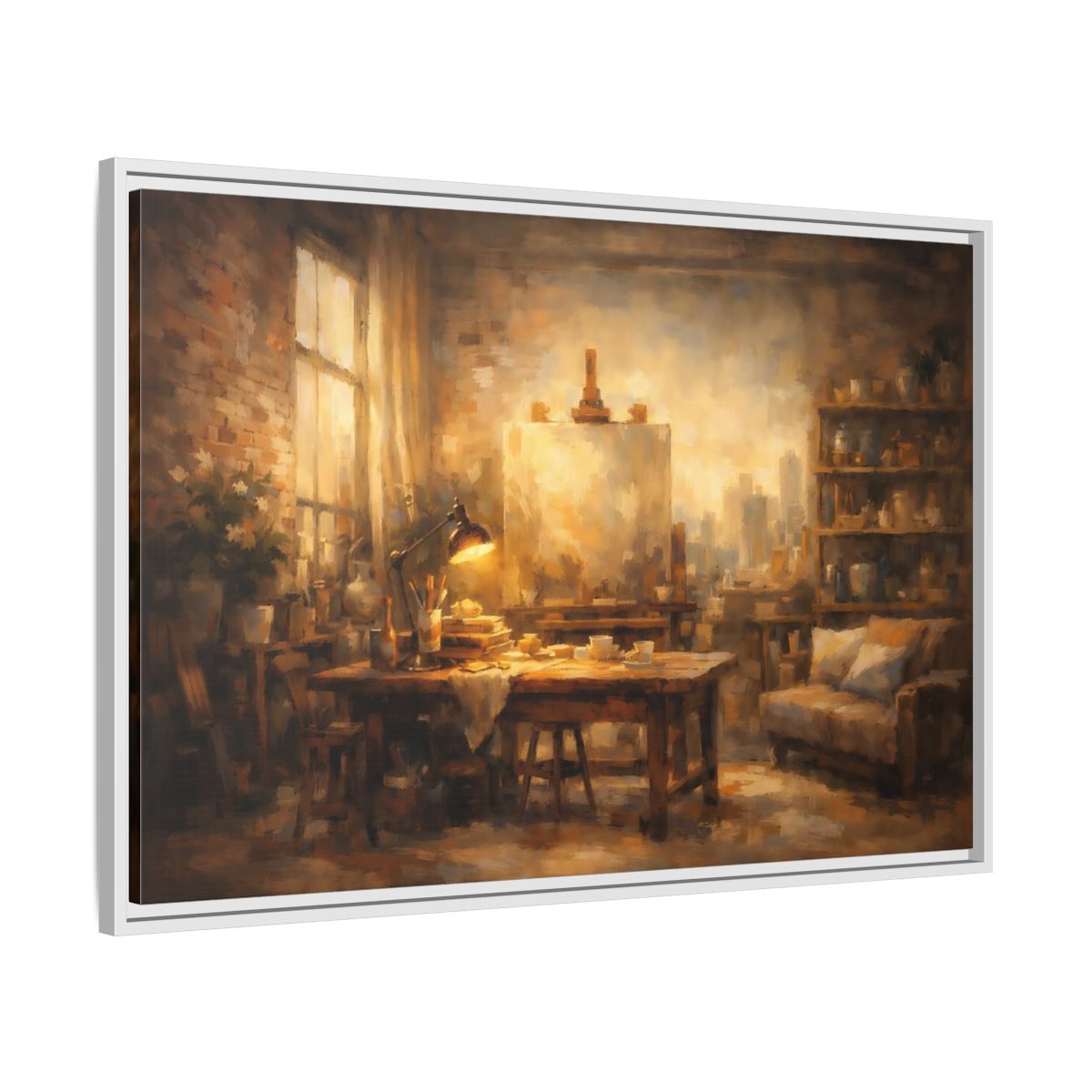 Side Mockup 8. Vintage Artist Studio Brown And Gold shown as stretched canvas wall art