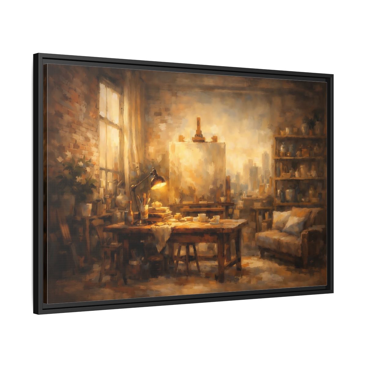 Side Mockup 13. Vintage Artist Studio Brown And Gold shown as stretched canvas wall art