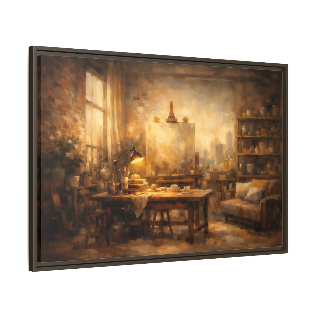 Side Mockup 9. Vintage Artist Studio Brown And Gold shown as stretched canvas wall art