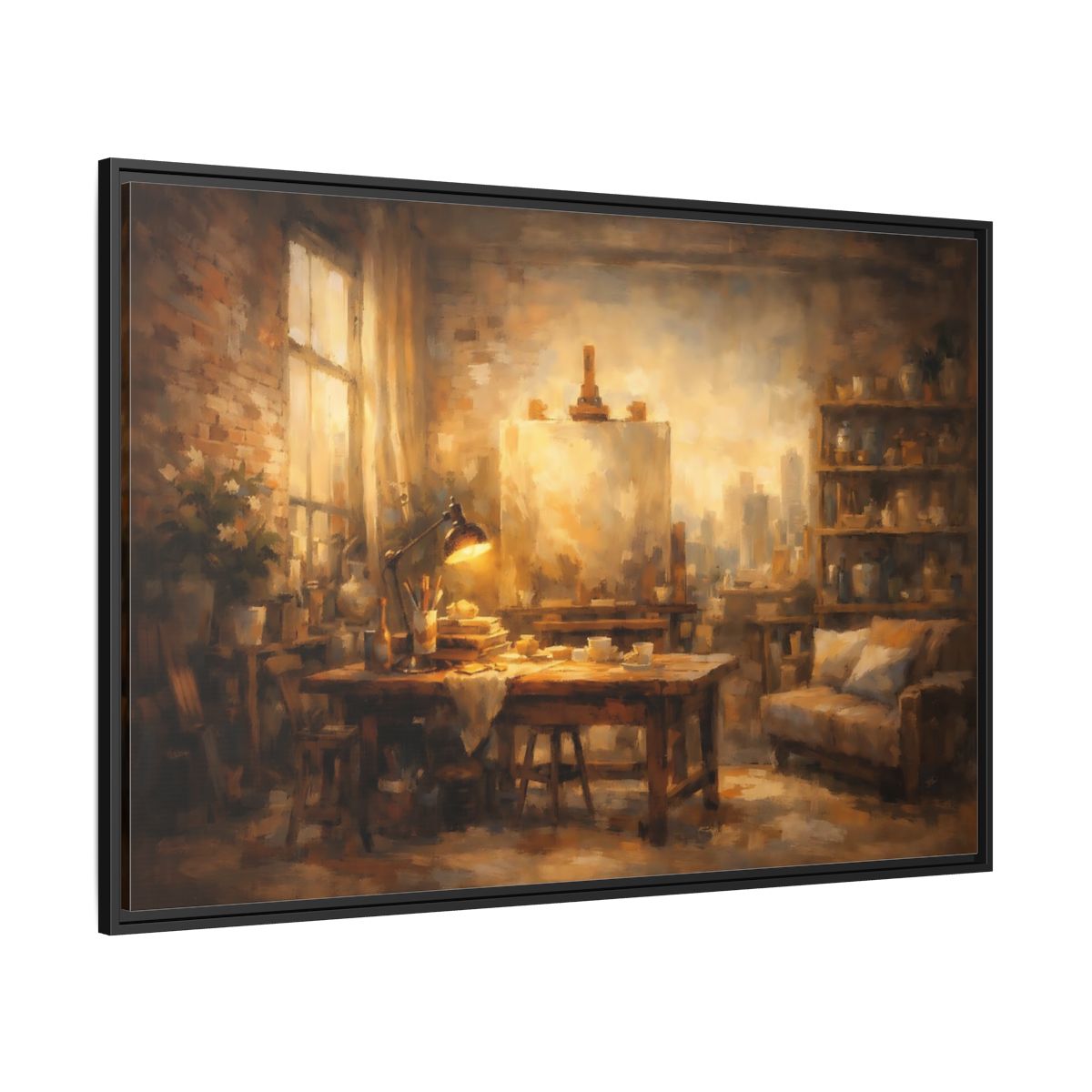 Side Mockup 12. Vintage Artist Studio Brown And Gold shown as stretched canvas wall art