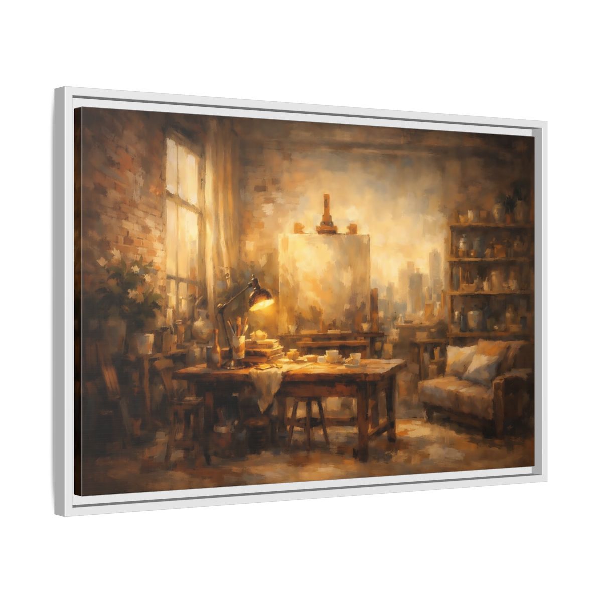 Side Mockup 10. Vintage Artist Studio Brown And Gold shown as stretched canvas wall art