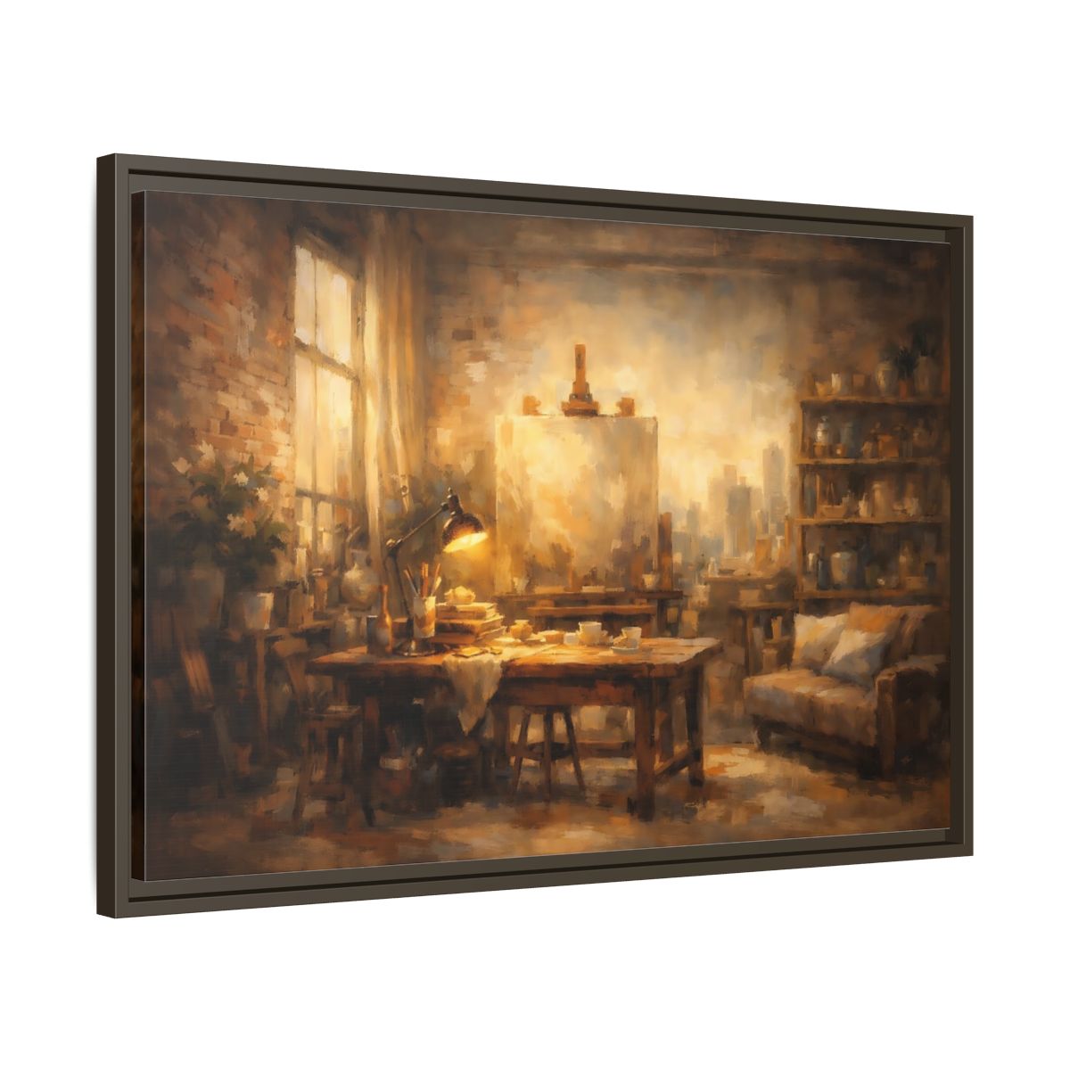 Side Mockup 11. Vintage Artist Studio Brown And Gold shown as stretched canvas wall art