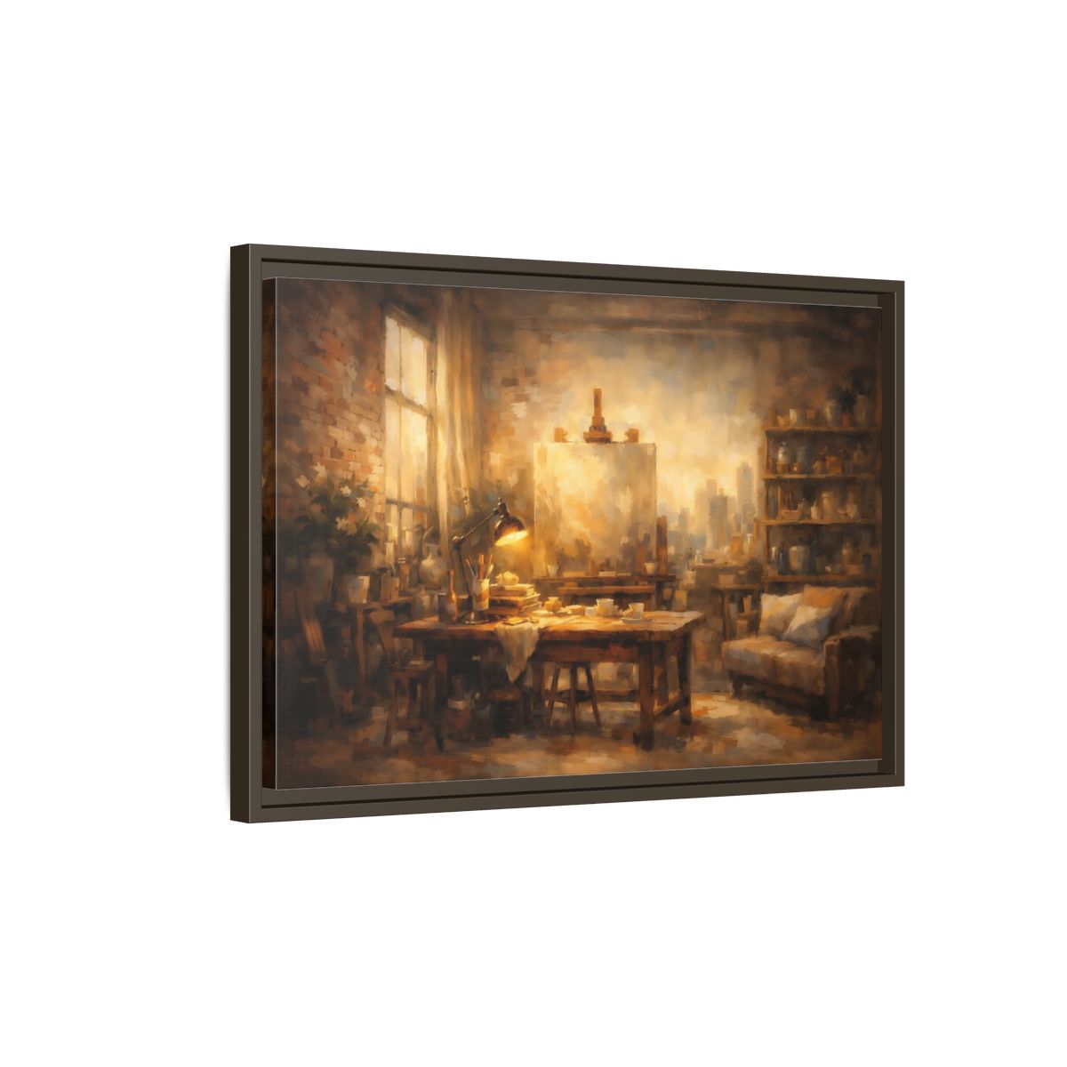 Side Mockup 2. Vintage Artist Studio Brown And Gold shown as stretched canvas wall art