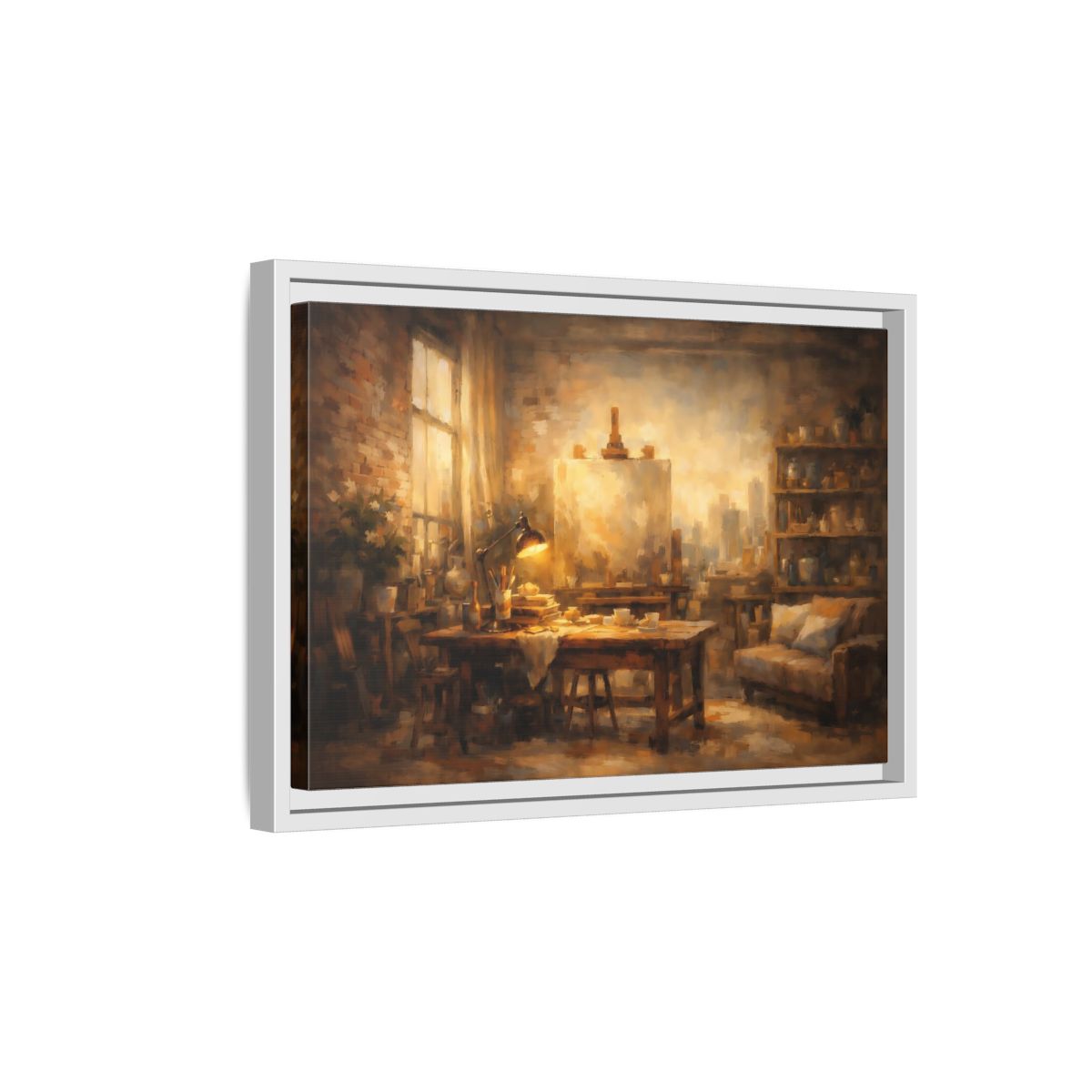 Side Mockup 4. Vintage Artist Studio Brown And Gold shown as stretched canvas wall art