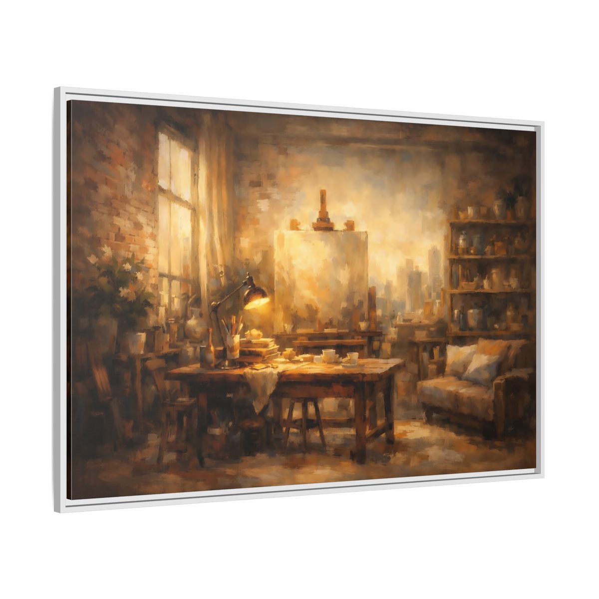 Side Mockup 7. Vintage Artist Studio Brown And Gold shown as stretched canvas wall art