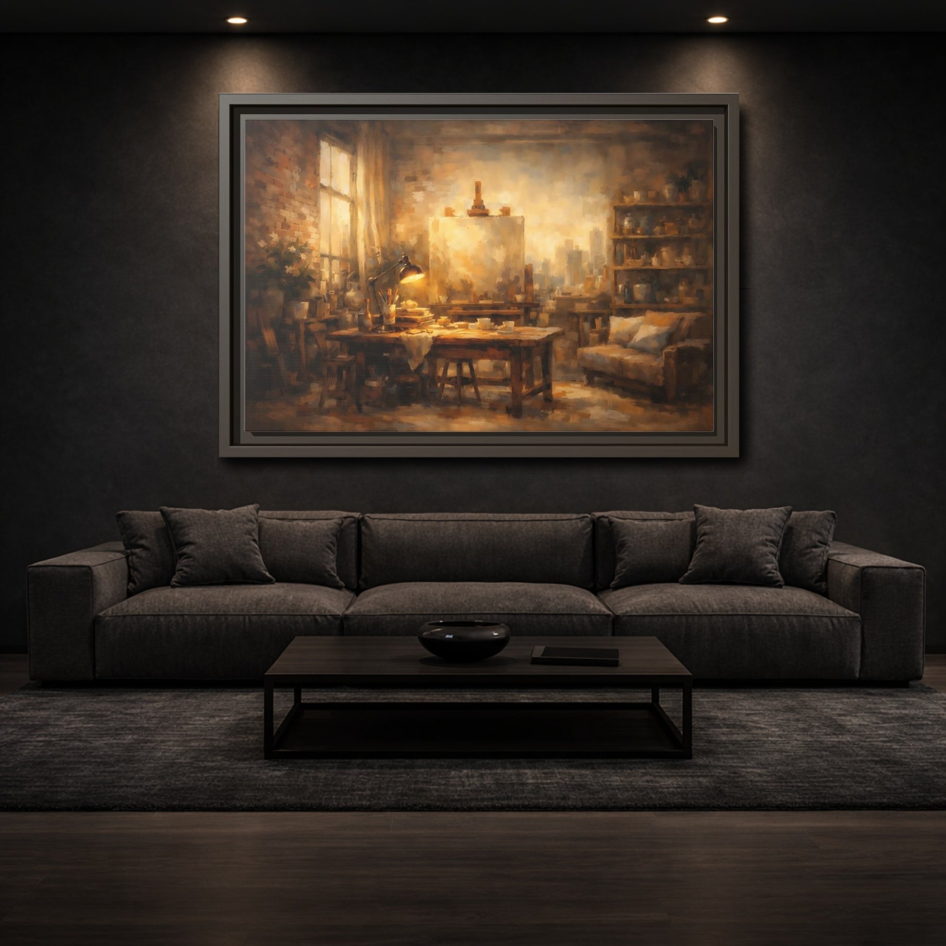 Mockup 2. Vintage Artist Studio Brown And Gold shown as stretched canvas wall art