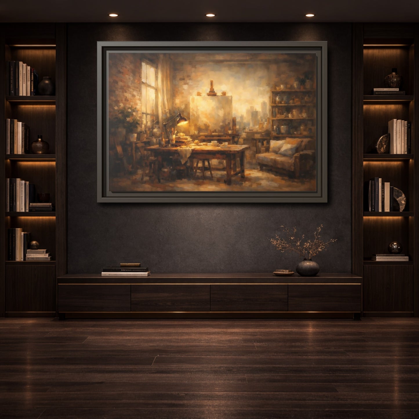 Mockup 3. Vintage Artist Studio Brown And Gold shown as stretched canvas wall art