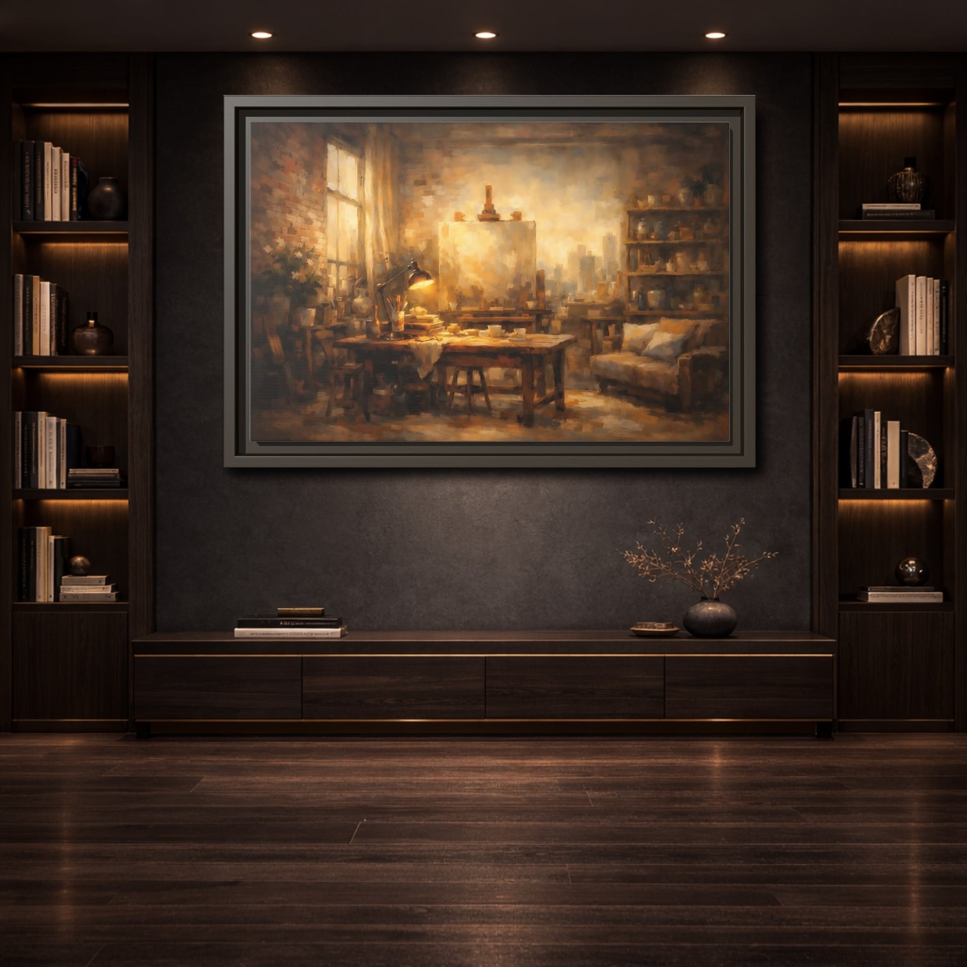 Mockup 3. Vintage Artist Studio Brown And Gold shown as stretched canvas wall art