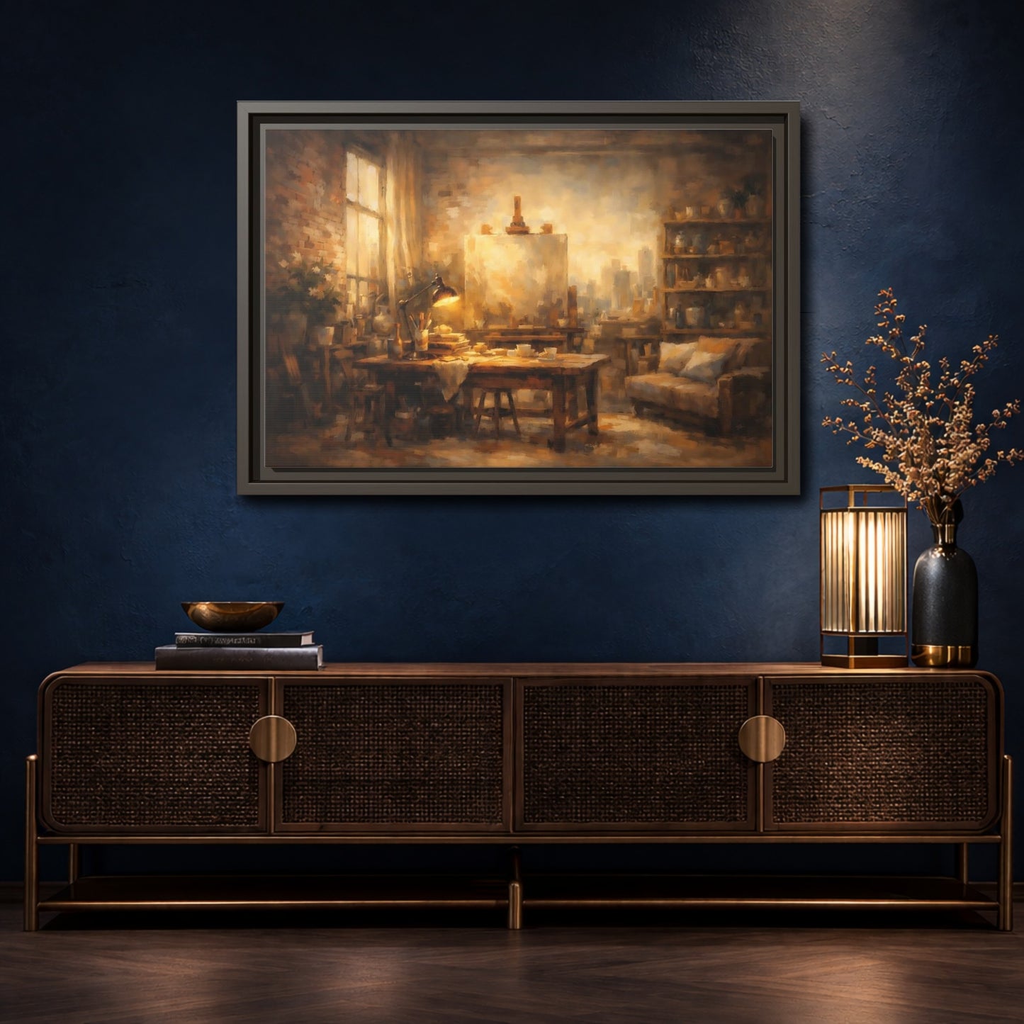 Mockup 4. Vintage Artist Studio Brown And Gold shown as stretched canvas wall art