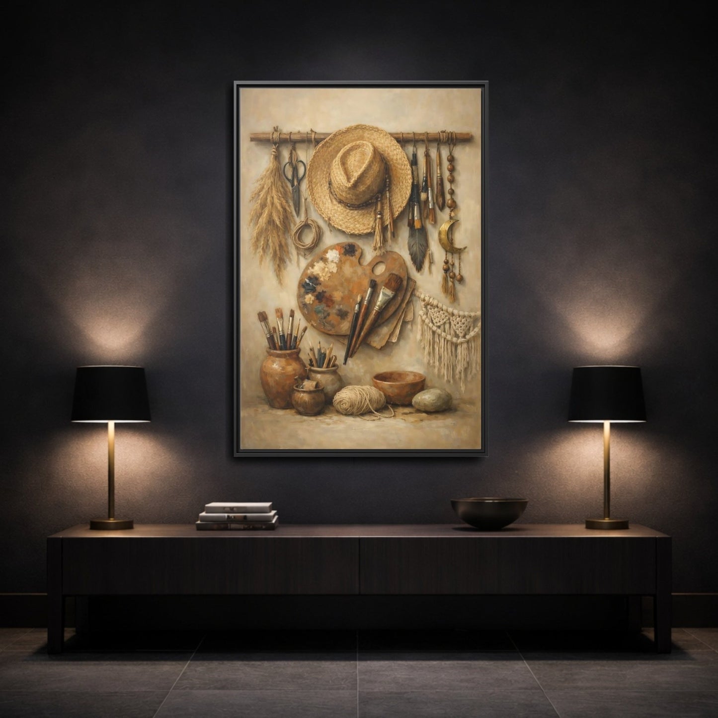 Vintage Artist Tools Earthy - Framed Canvas Wall Art Print - YesArtYes
