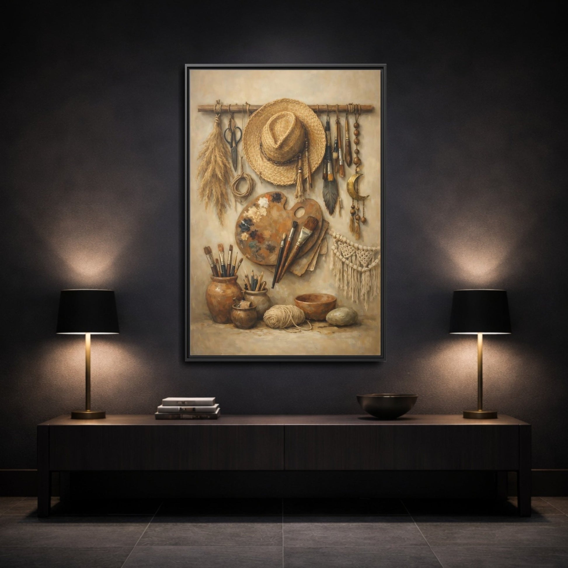 Vintage Artist Tools Earthy - Framed Canvas Wall Art Print - YesArtYes