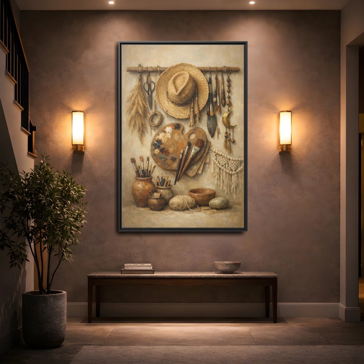 Vintage Artist Tools Earthy - Framed Canvas Wall Art Print - YesArtYes