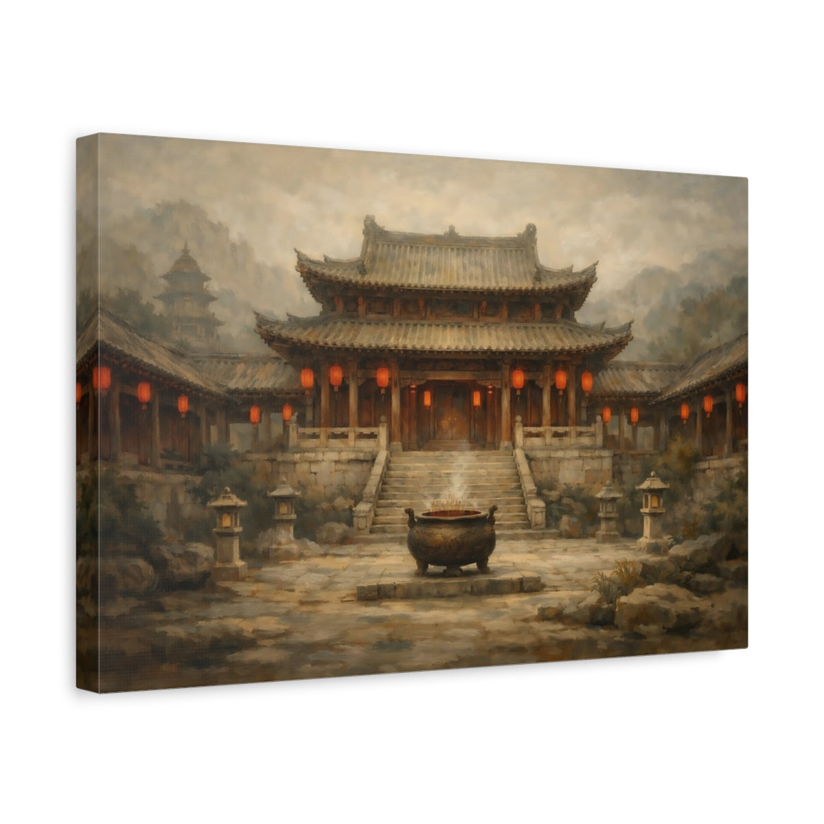 Side Mockup 4. Vintage Asian Temple Brown Red Temple shown as stretched canvas wall art